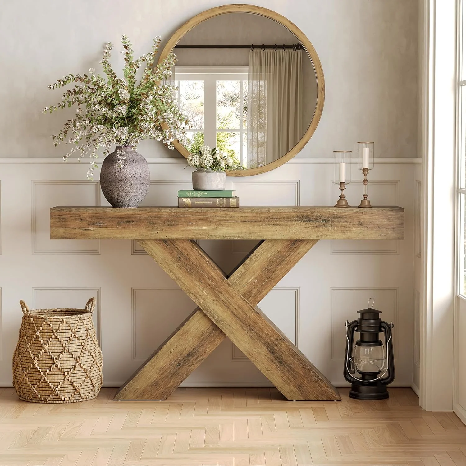 55" Rustic Industrial X-Brace Console Table - Slim Sofa Table for Entryway, Hallway & Living Room in Brown - Image 7