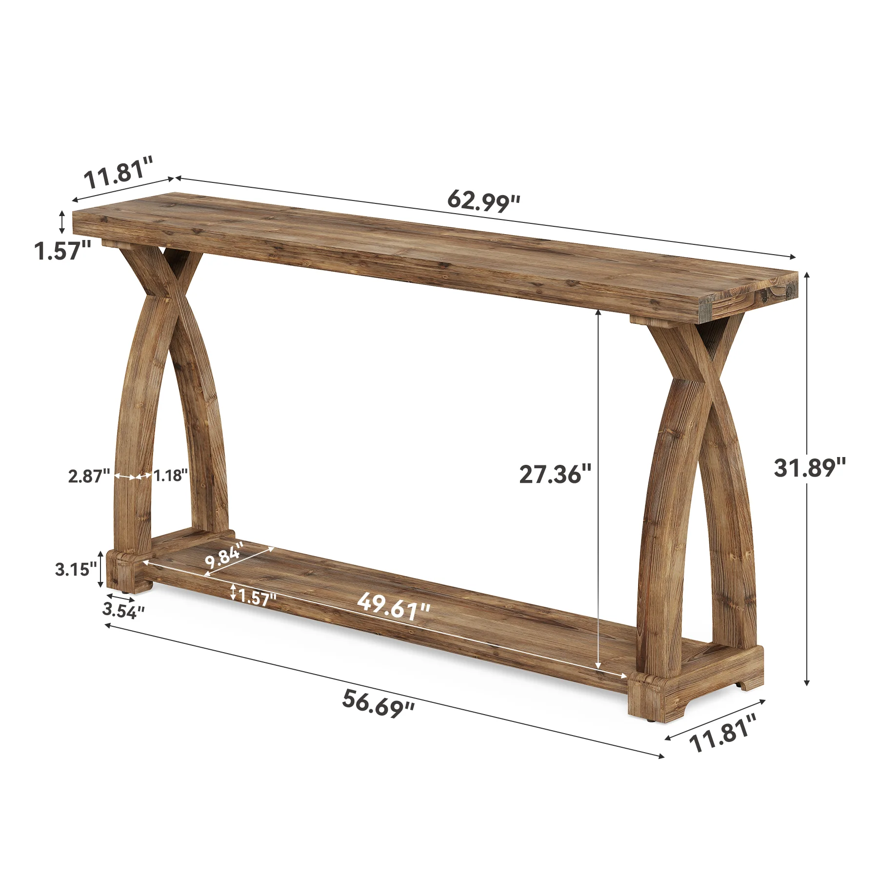 Tribesigns 63-Inch Solid Wood Console Table, Narrow Farmhouse Design with 2-Tier Storage for Entryway and Living Room - Image 2
