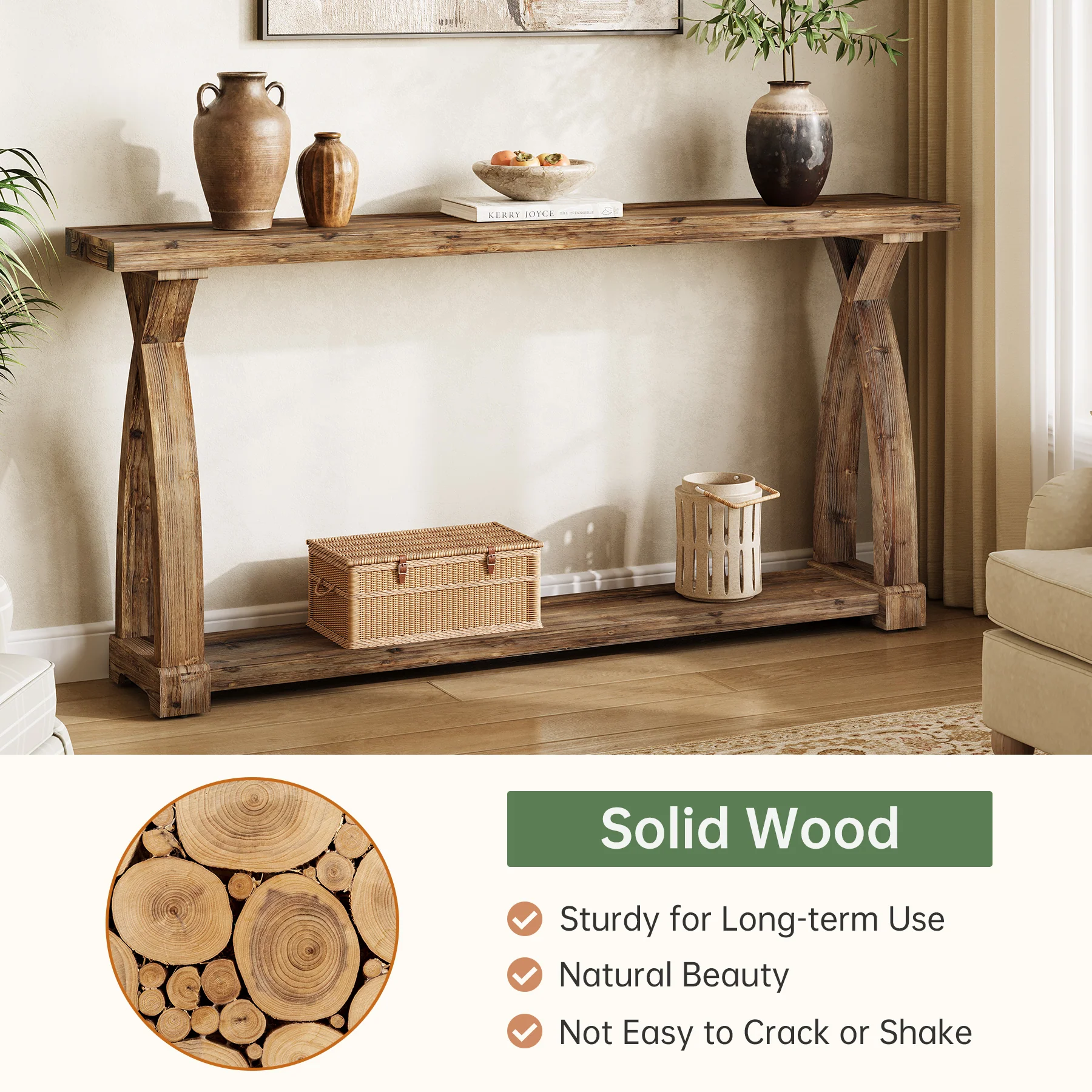 Tribesigns 63-Inch Solid Wood Console Table, Narrow Farmhouse Design with 2-Tier Storage for Entryway and Living Room - Image 3