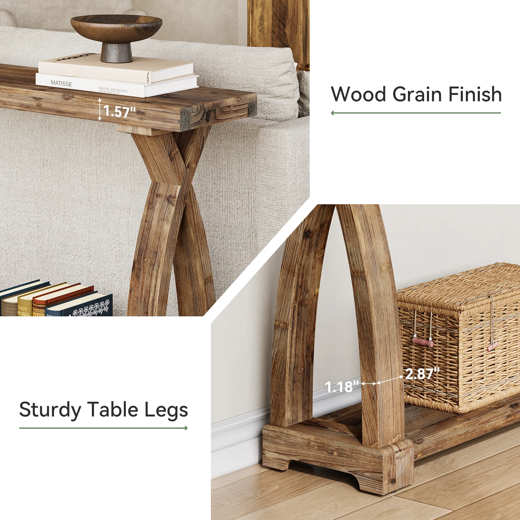 Tribesigns 63-Inch Solid Wood Console Table, Narrow Farmhouse Design with 2-Tier Storage for Entryway and Living Room - Image 4