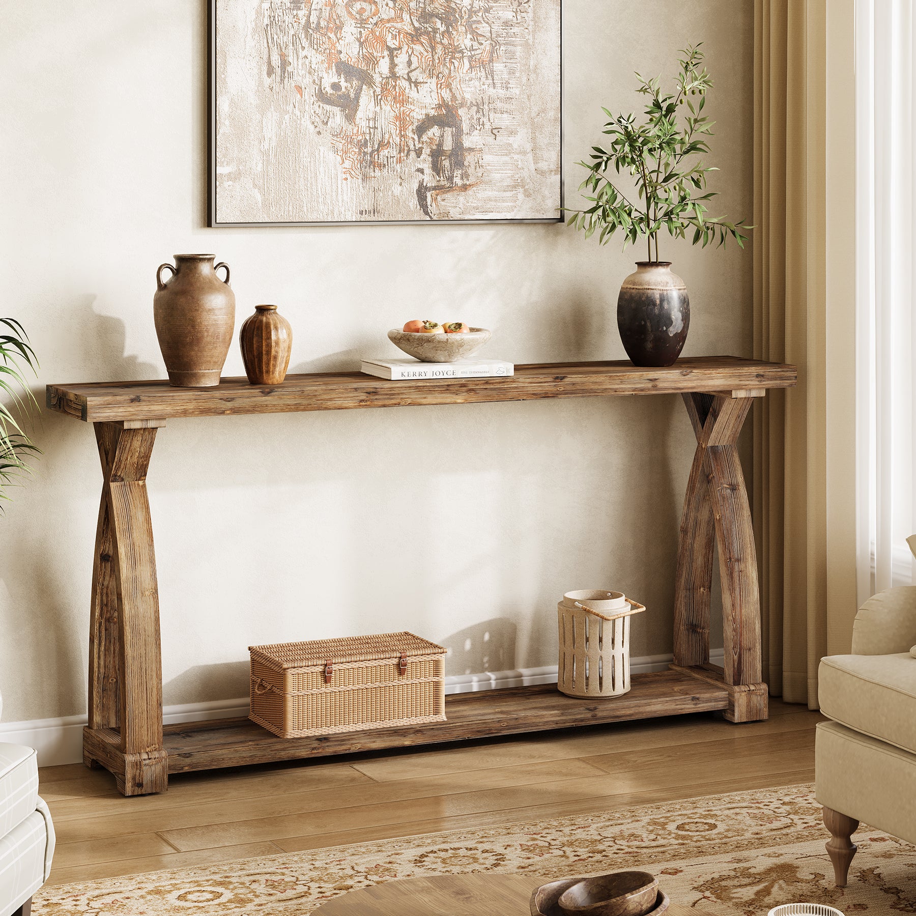 Tribesigns 63-Inch Solid Wood Console Table, Narrow Farmhouse Design with 2-Tier Storage for Entryway and Living Room - Image 5