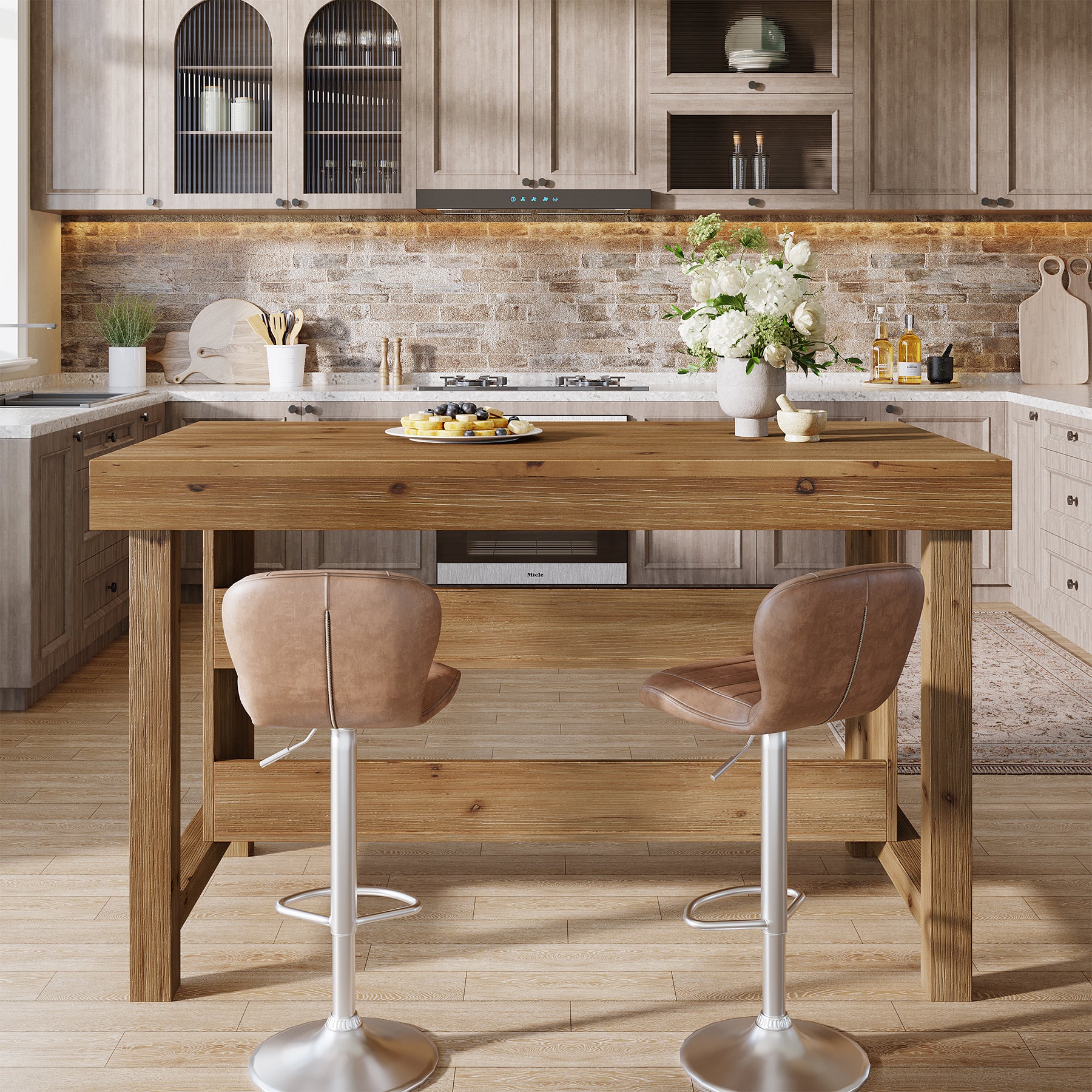 Tribesigns Solid Wood Kitchen Island Table with 2-Tier Open Storage Shelves, Farmhouse Stationary Island Table with Seating for Kitchen and Dining Room - Image 11