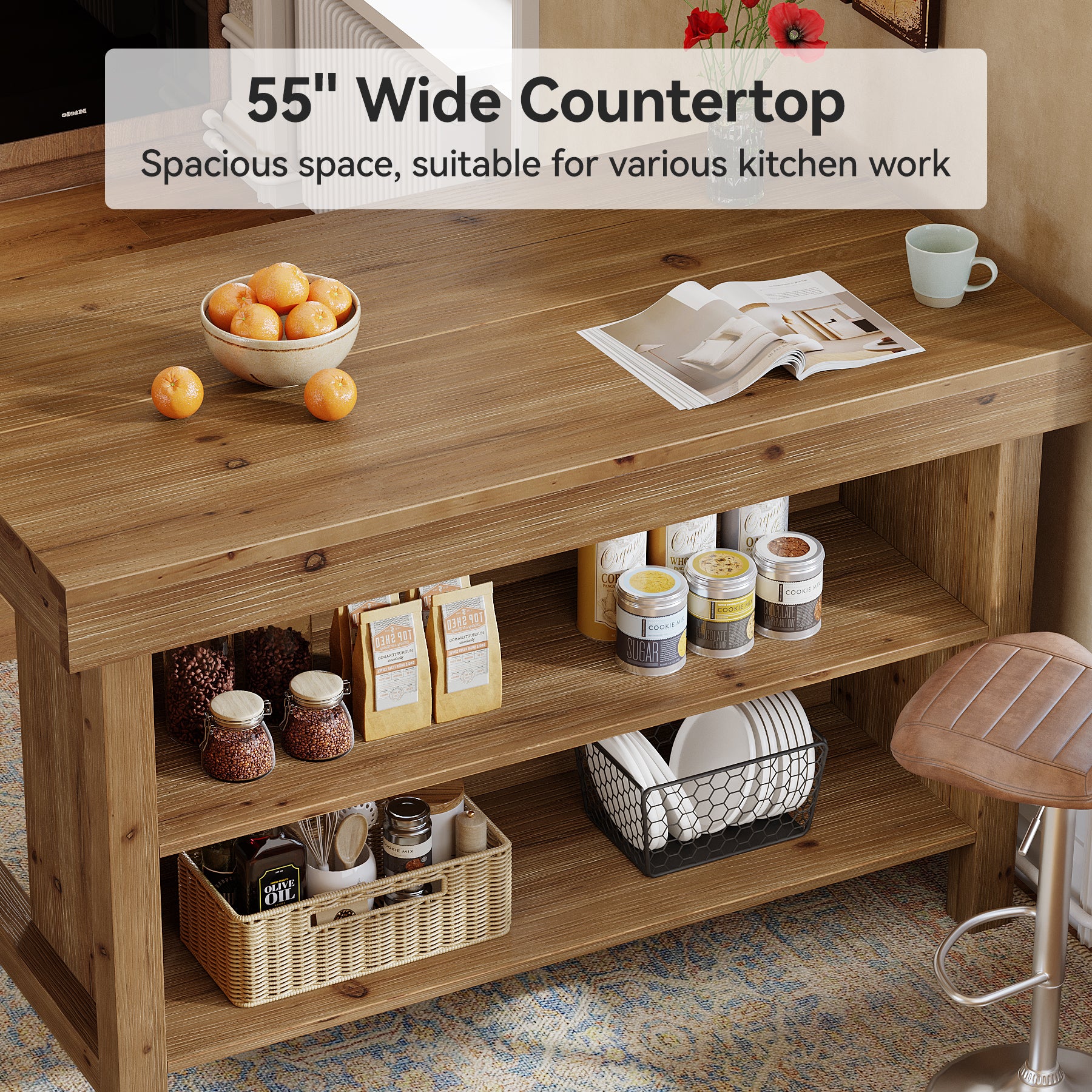 Tribesigns Solid Wood Kitchen Island Table with 2-Tier Open Storage Shelves, Farmhouse Stationary Island Table with Seating for Kitchen and Dining Room - Image 3