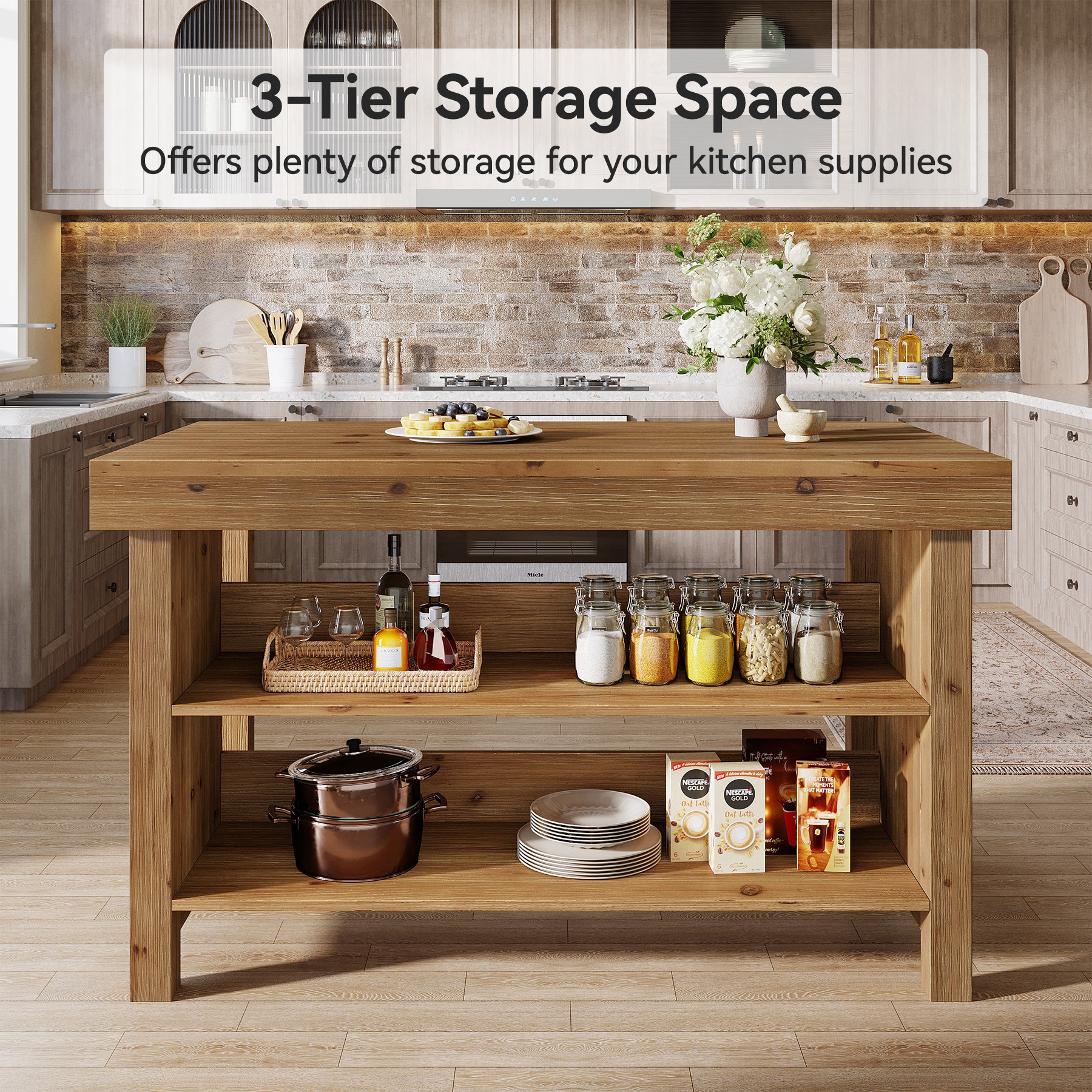 Tribesigns Solid Wood Kitchen Island Table with 2-Tier Open Storage Shelves, Farmhouse Stationary Island Table with Seating for Kitchen and Dining Room - Image 5