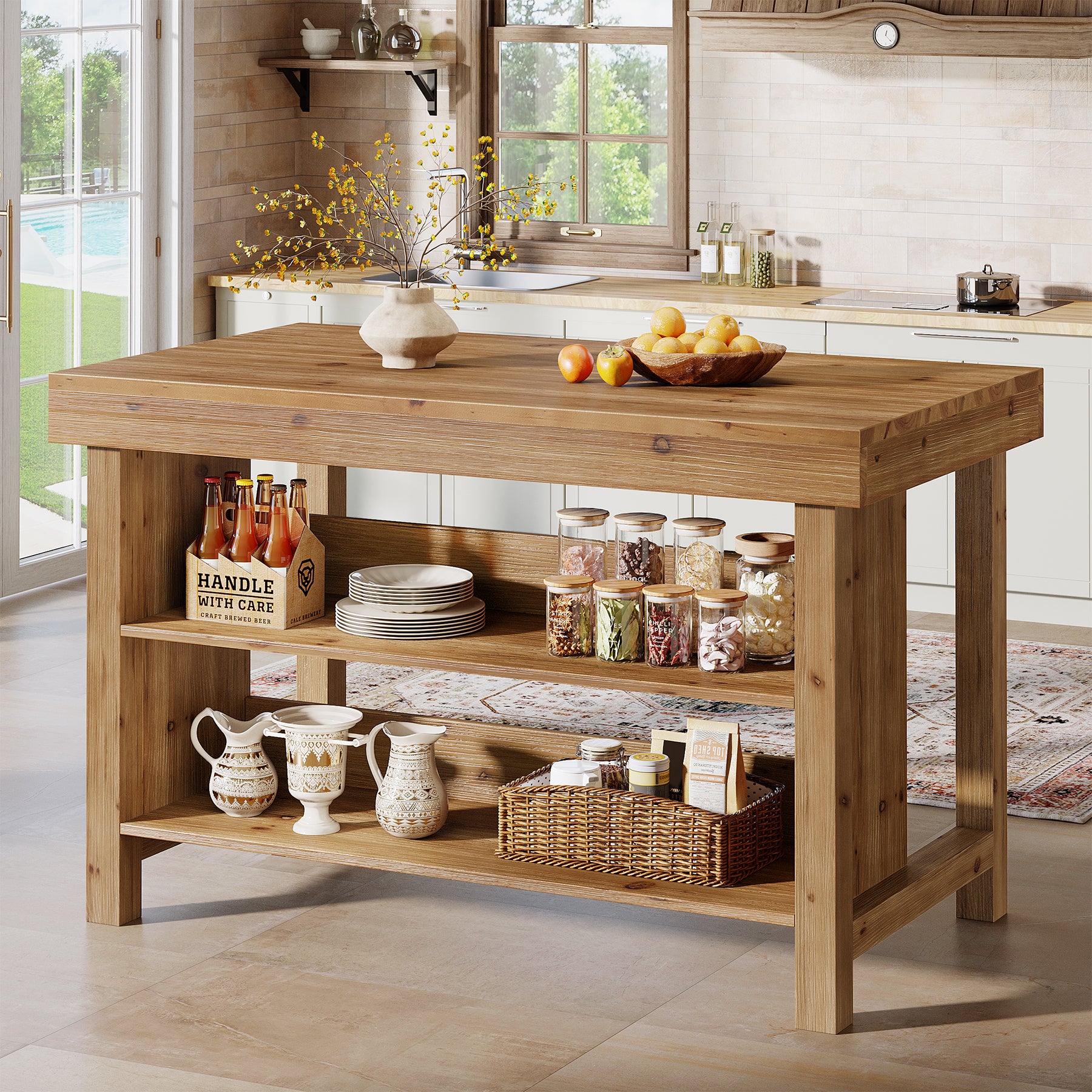 Tribesigns Solid Wood Kitchen Island Table with 2-Tier Open Storage Shelves, Farmhouse Stationary Island Table with Seating for Kitchen and Dining Room - Image 6