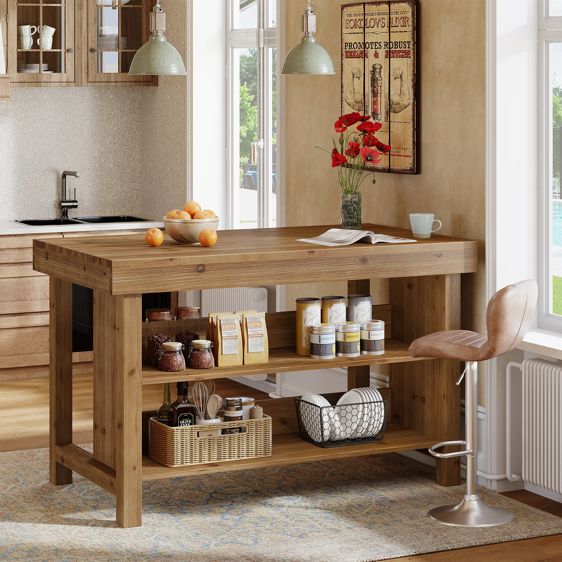 Tribesigns Solid Wood Kitchen Island Table with 2-Tier Open Storage Shelves, Farmhouse Stationary Island Table with Seating for Kitchen and Dining Room - Image 8
