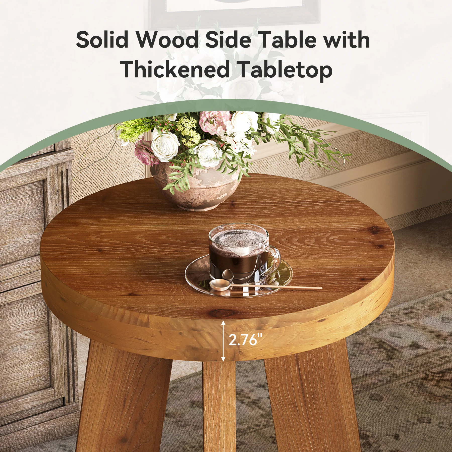 Solid Wood Round Side Table with Heavy-Duty Legs, Farmhouse End Table for Living Room - Image 3