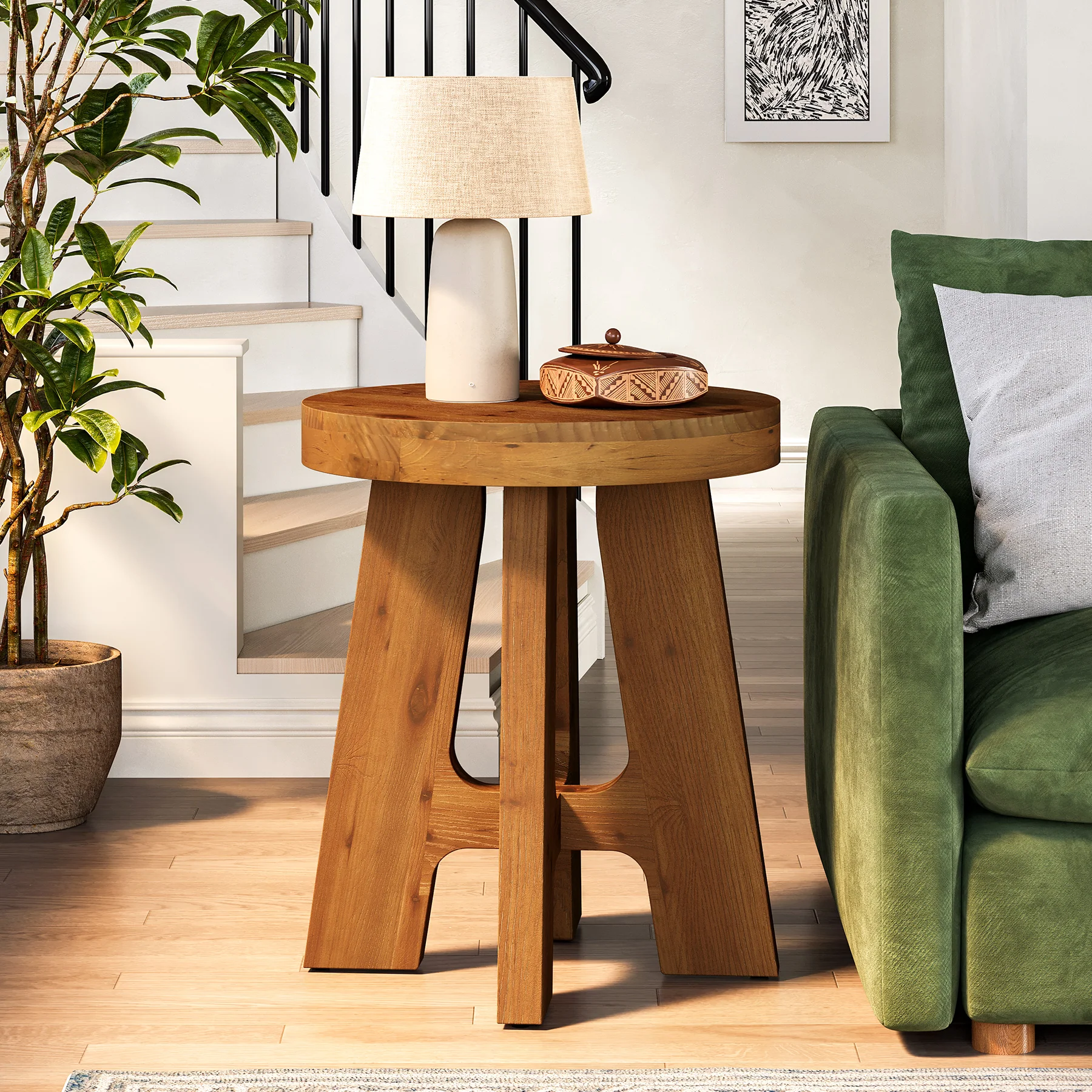 Solid Wood Round Side Table with Heavy-Duty Legs, Farmhouse End Table for Living Room - Image 4