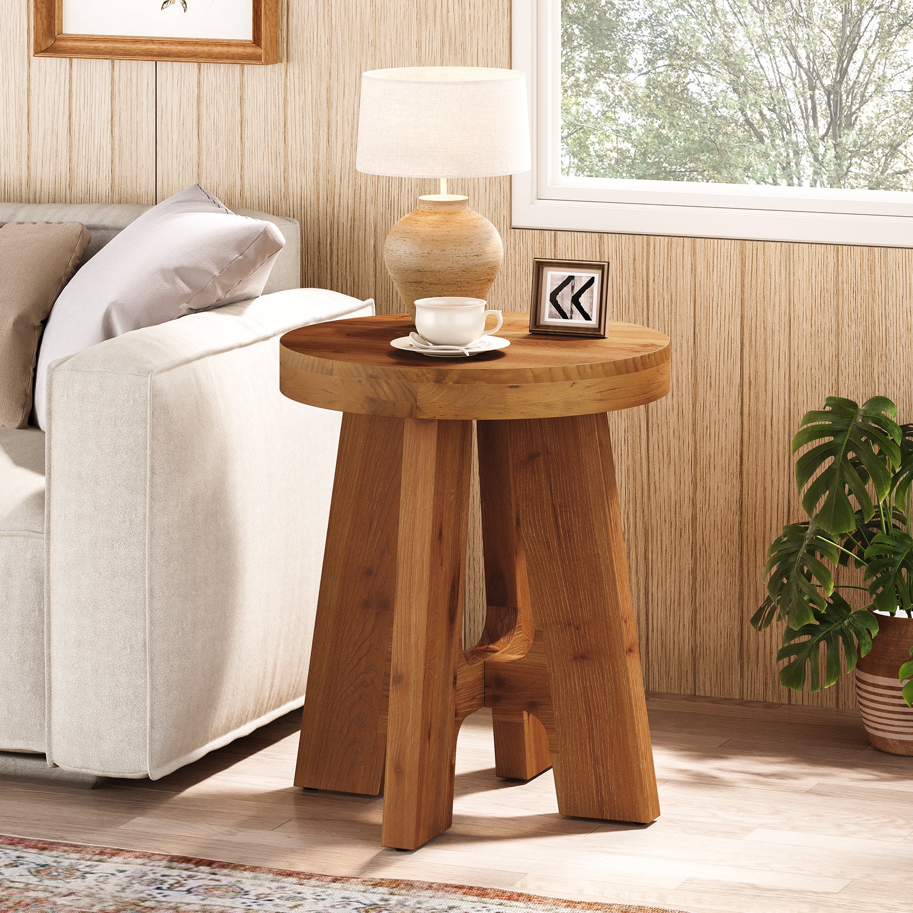 Solid Wood Round Side Table with Heavy-Duty Legs, Farmhouse End Table for Living Room - Image 5