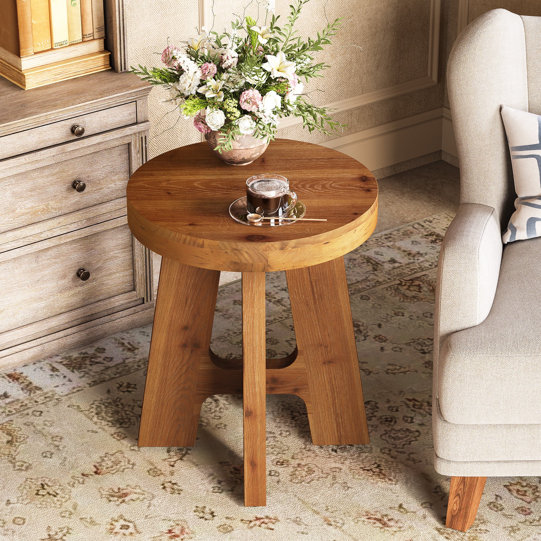Solid Wood Round Side Table with Heavy-Duty Legs, Farmhouse End Table for Living Room - Image 6