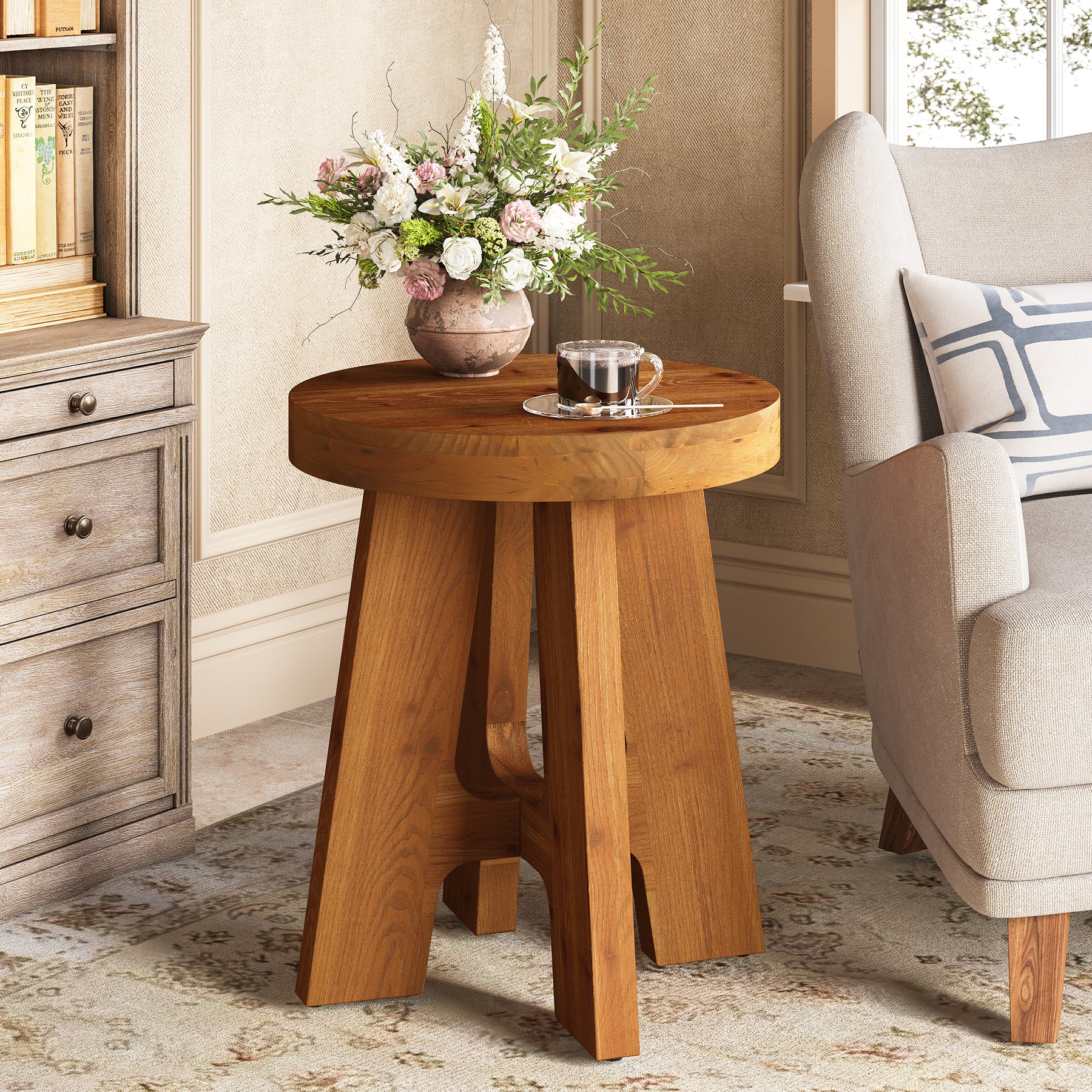 Solid Wood Round Side Table with Heavy-Duty Legs, Farmhouse End Table for Living Room - Image 7
