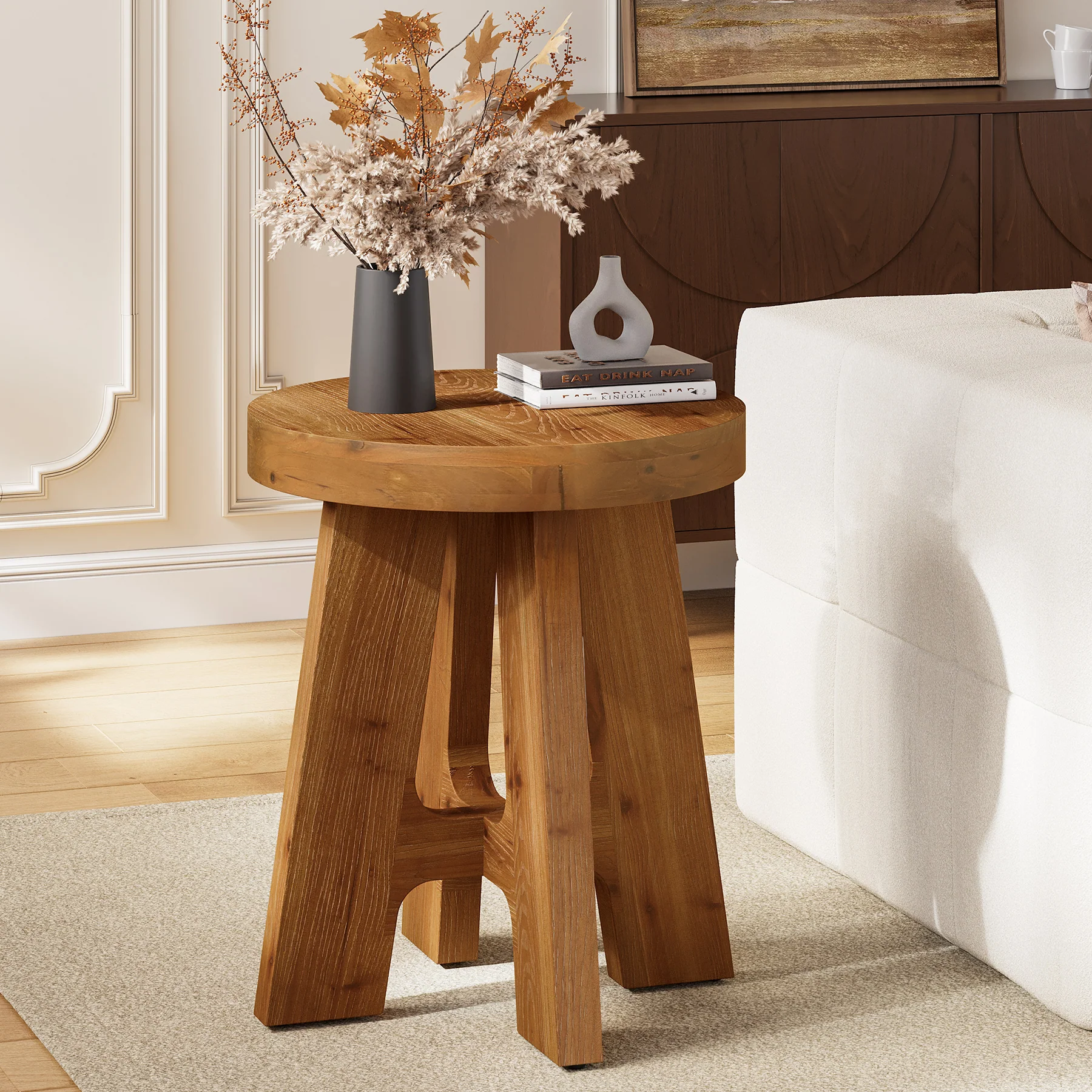 Solid Wood Round Side Table with Heavy-Duty Legs, Farmhouse End Table for Living Room - Image 9