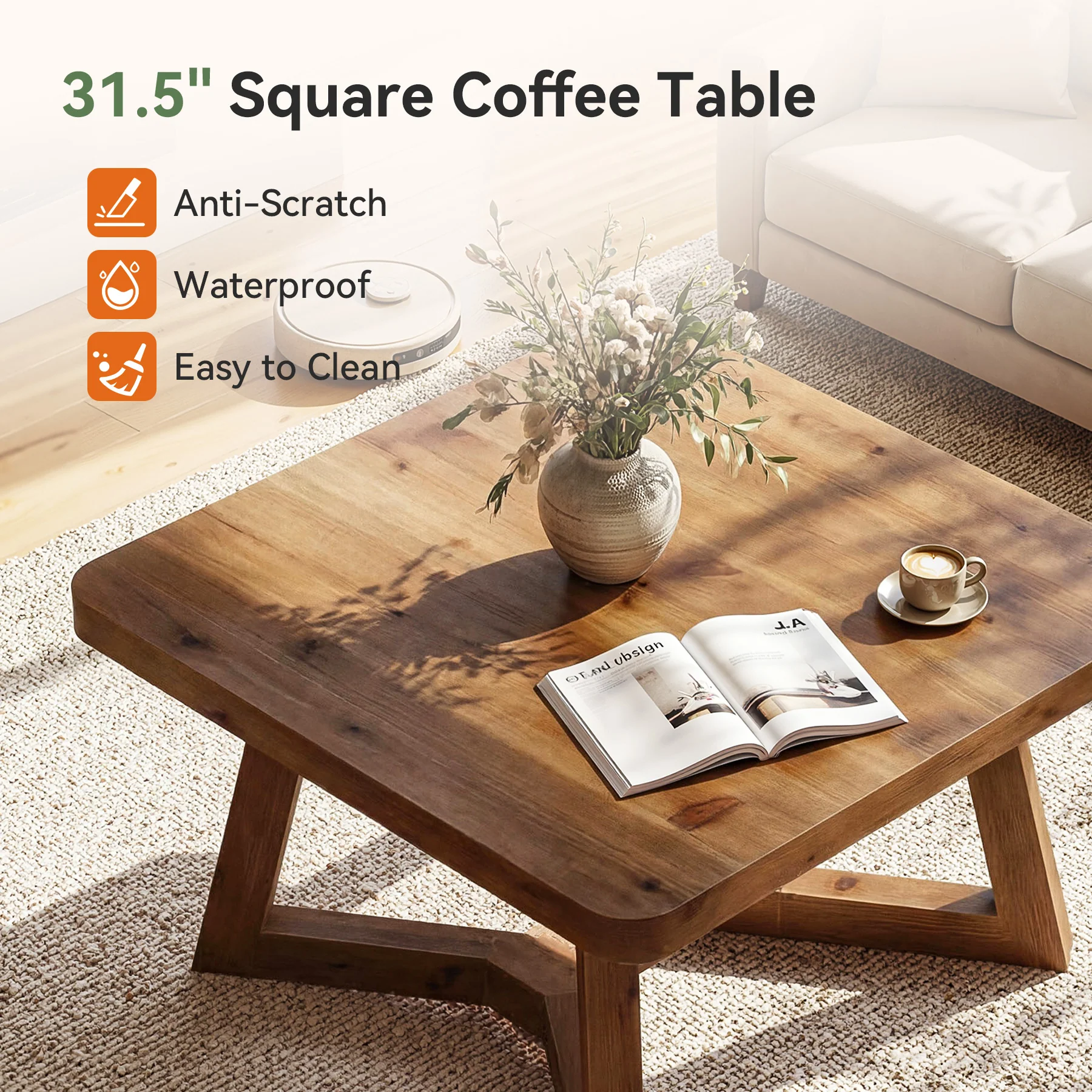 31.5 Inch Solid Wood Square Coffee Table, Farmhouse Center Table with Pedestal for Living Room - Image 10