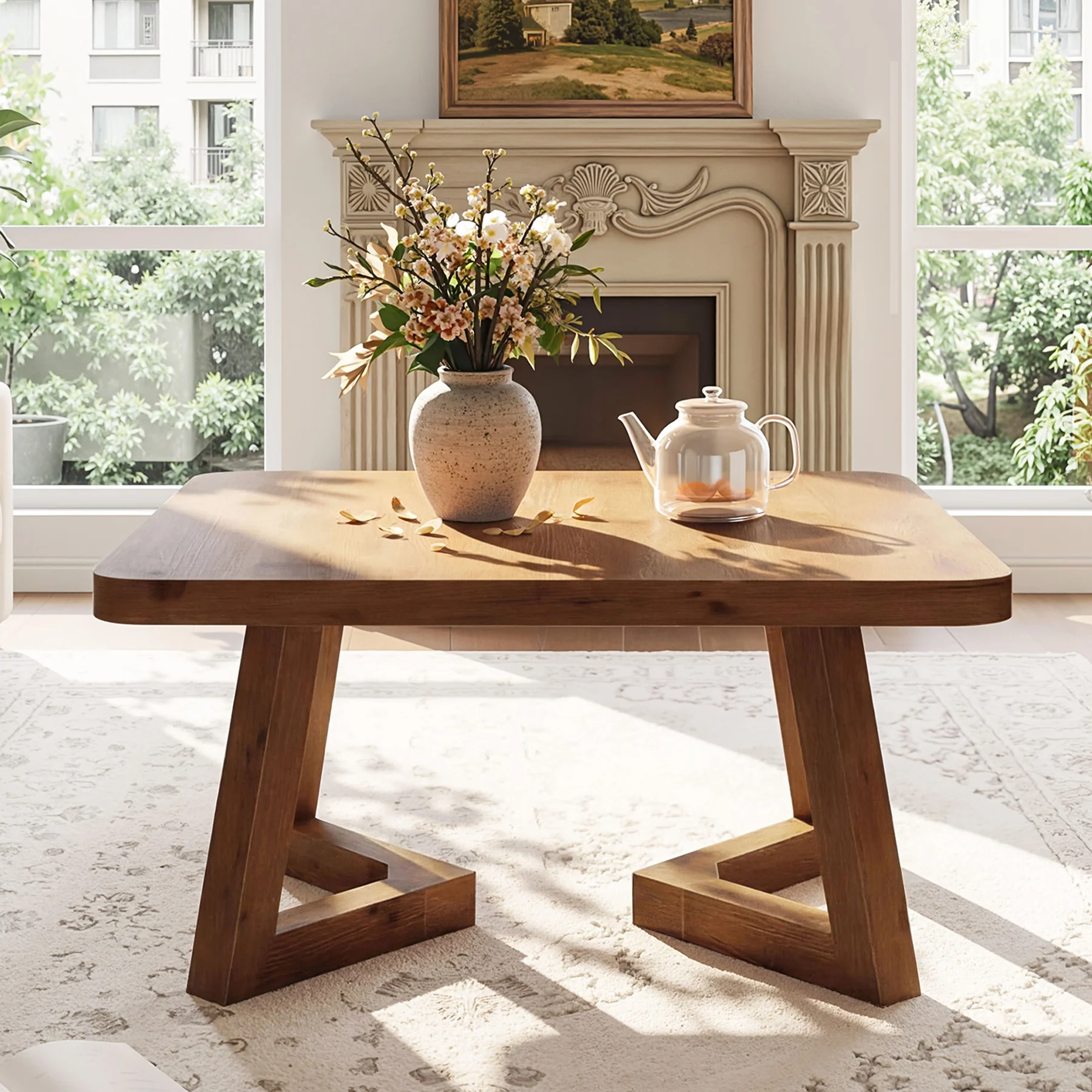 31.5 Inch Solid Wood Square Coffee Table, Farmhouse Center Table with Pedestal for Living Room - Image 3