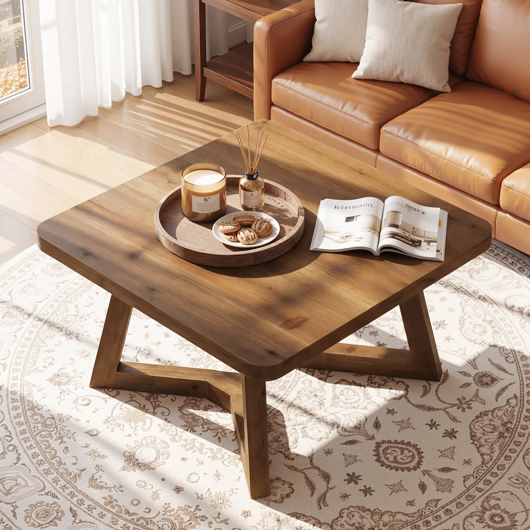 31.5 Inch Solid Wood Square Coffee Table, Farmhouse Center Table with Pedestal for Living Room - Image 4