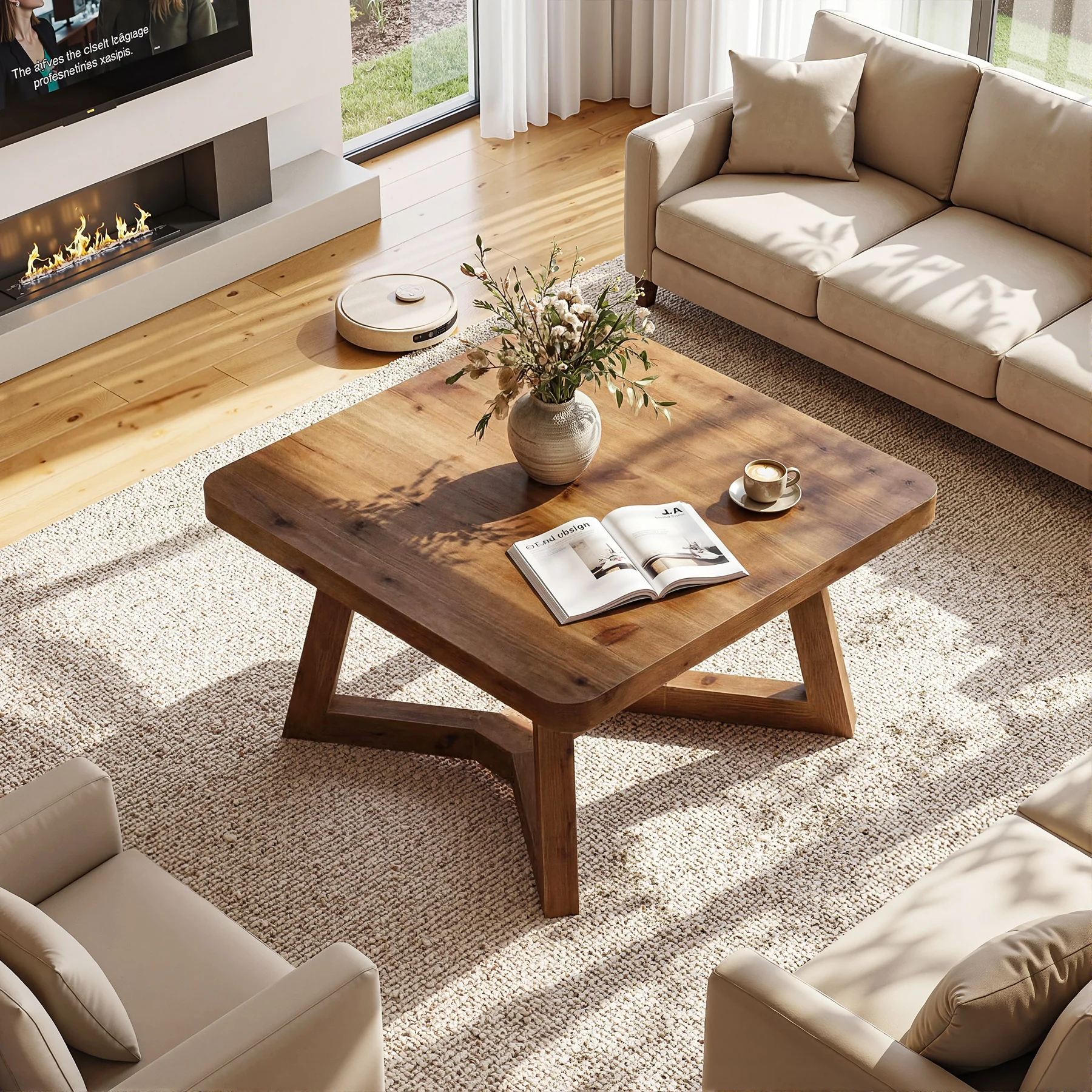 31.5 Inch Solid Wood Square Coffee Table, Farmhouse Center Table with Pedestal for Living Room - Image 5