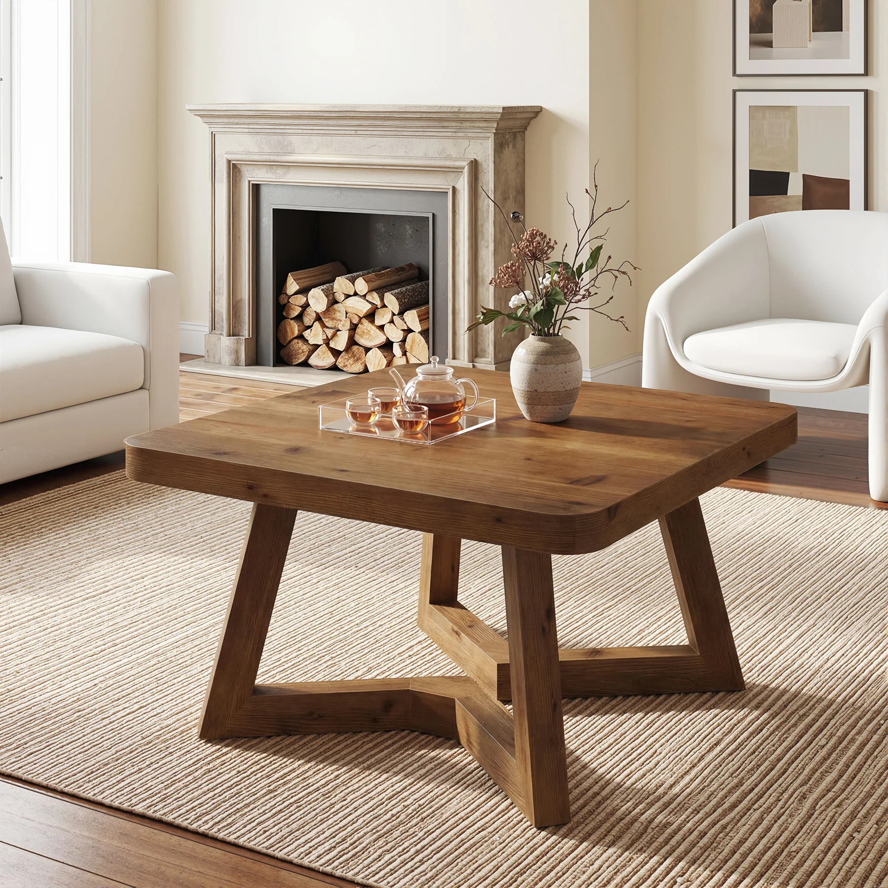 31.5 Inch Solid Wood Square Coffee Table, Farmhouse Center Table with Pedestal for Living Room - Image 6