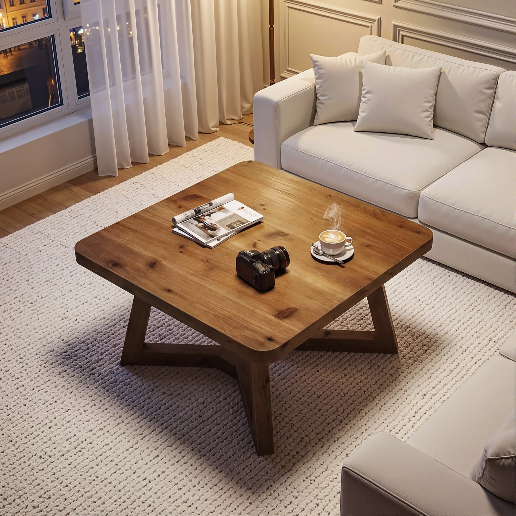31.5 Inch Solid Wood Square Coffee Table, Farmhouse Center Table with Pedestal for Living Room - Image 7