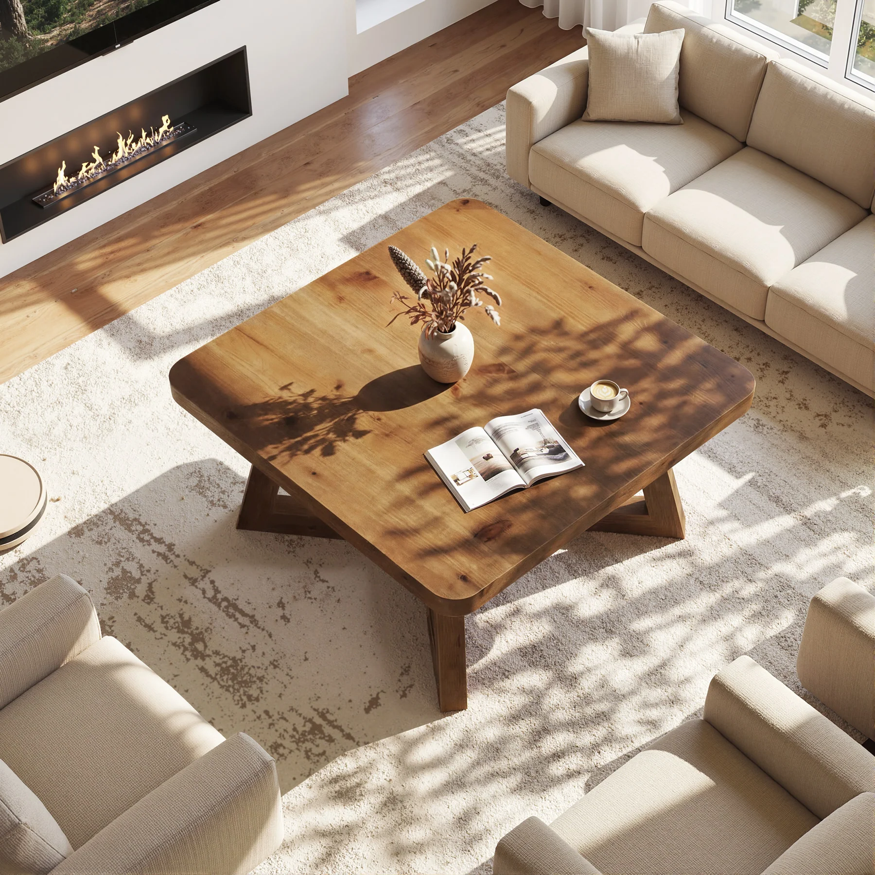 31.5 Inch Solid Wood Square Coffee Table, Farmhouse Center Table with Pedestal for Living Room - Image 8