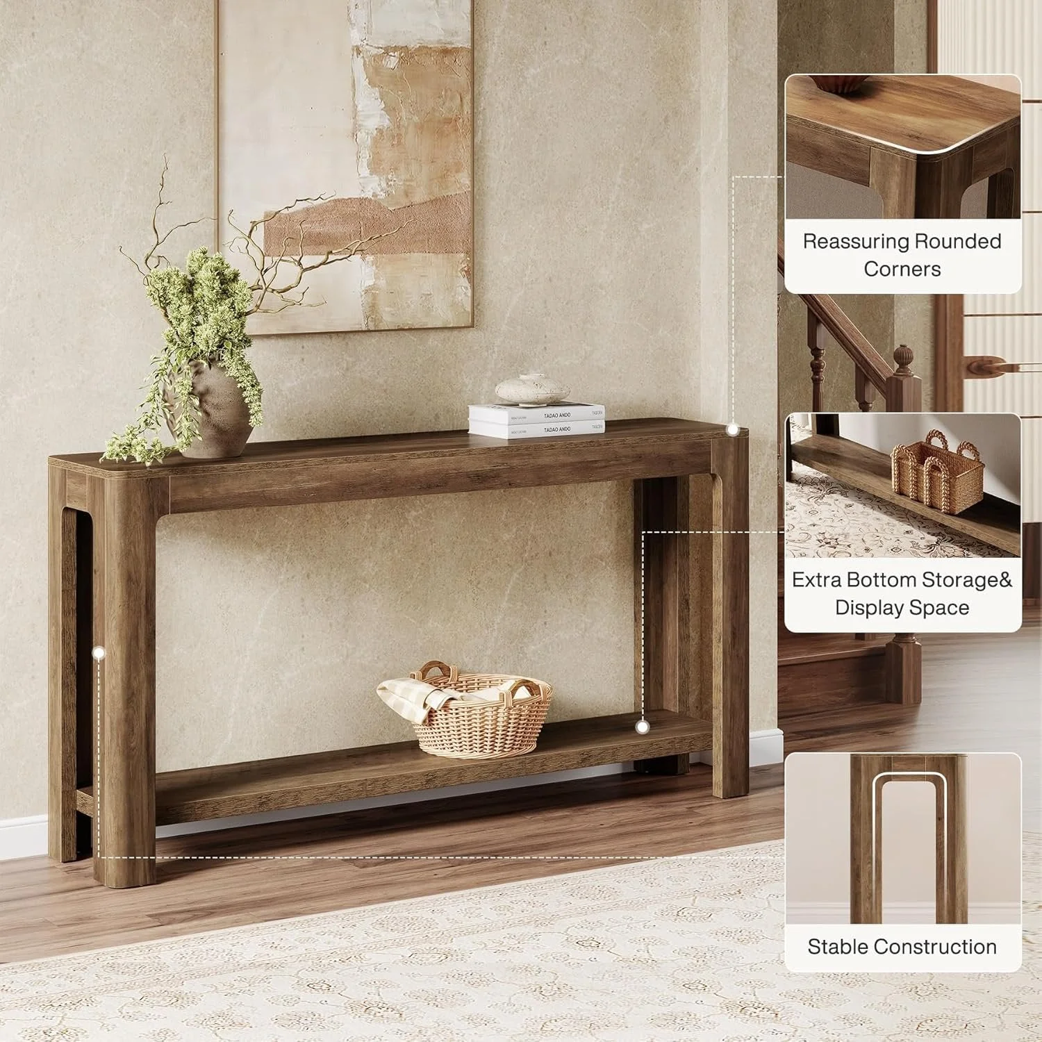 Rustic Haven 63" Two-Tier Farmhouse Console Table - Narrow Entryway Sofa Table for Hallway & Foyer - Image 6
