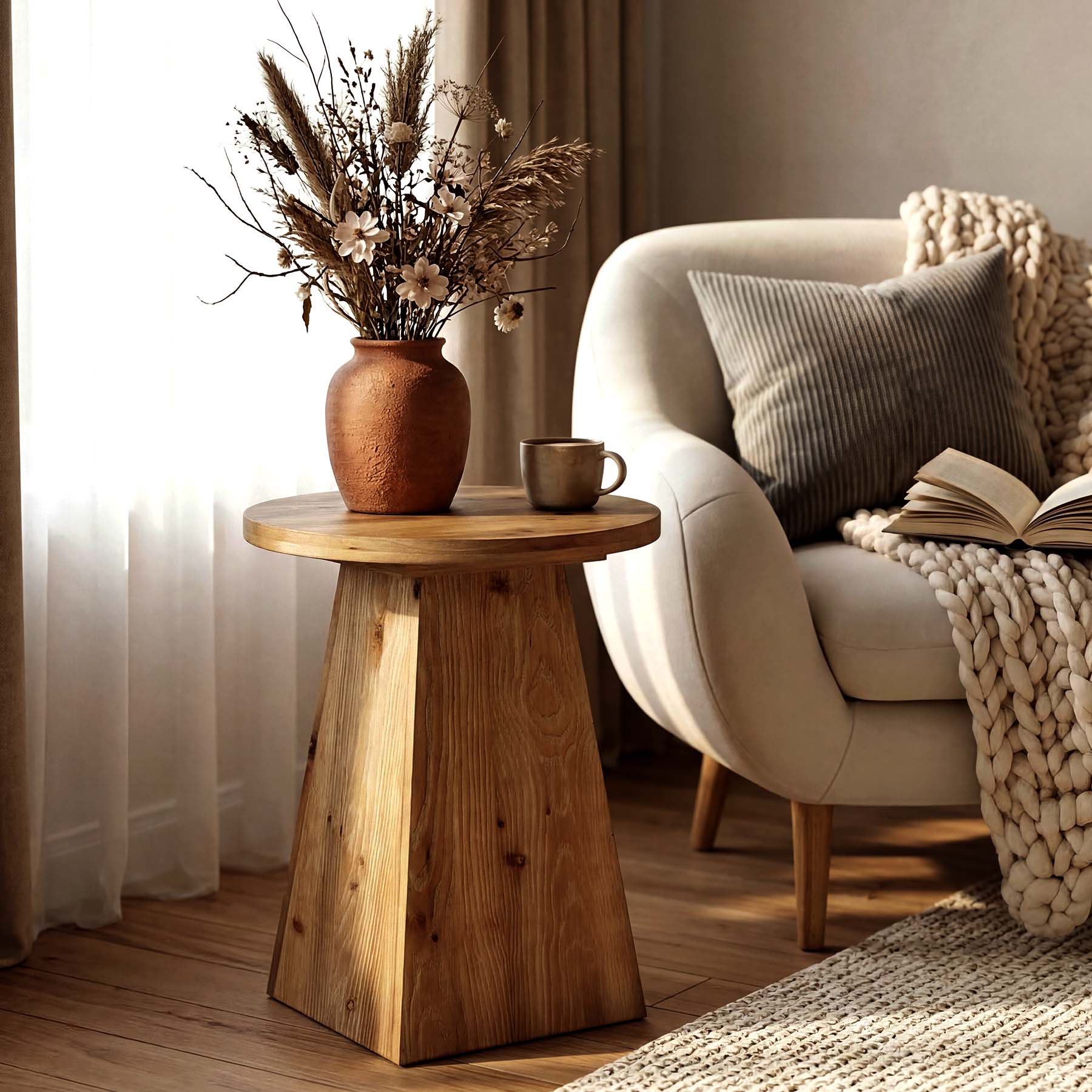 Tribesigns 18.9-Inch Round Solid Wood End Table with Trapezoid Base