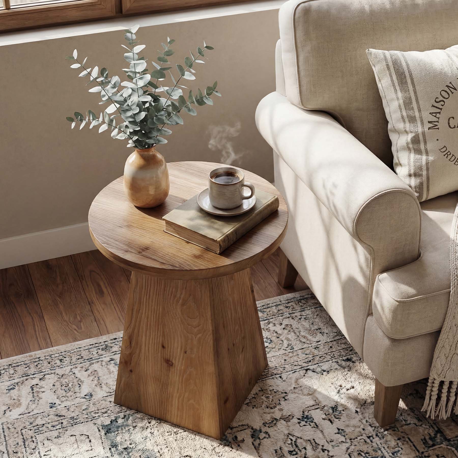 Tribesigns 18.9-Inch Round Solid Wood End Table with Trapezoid Base - Image 5