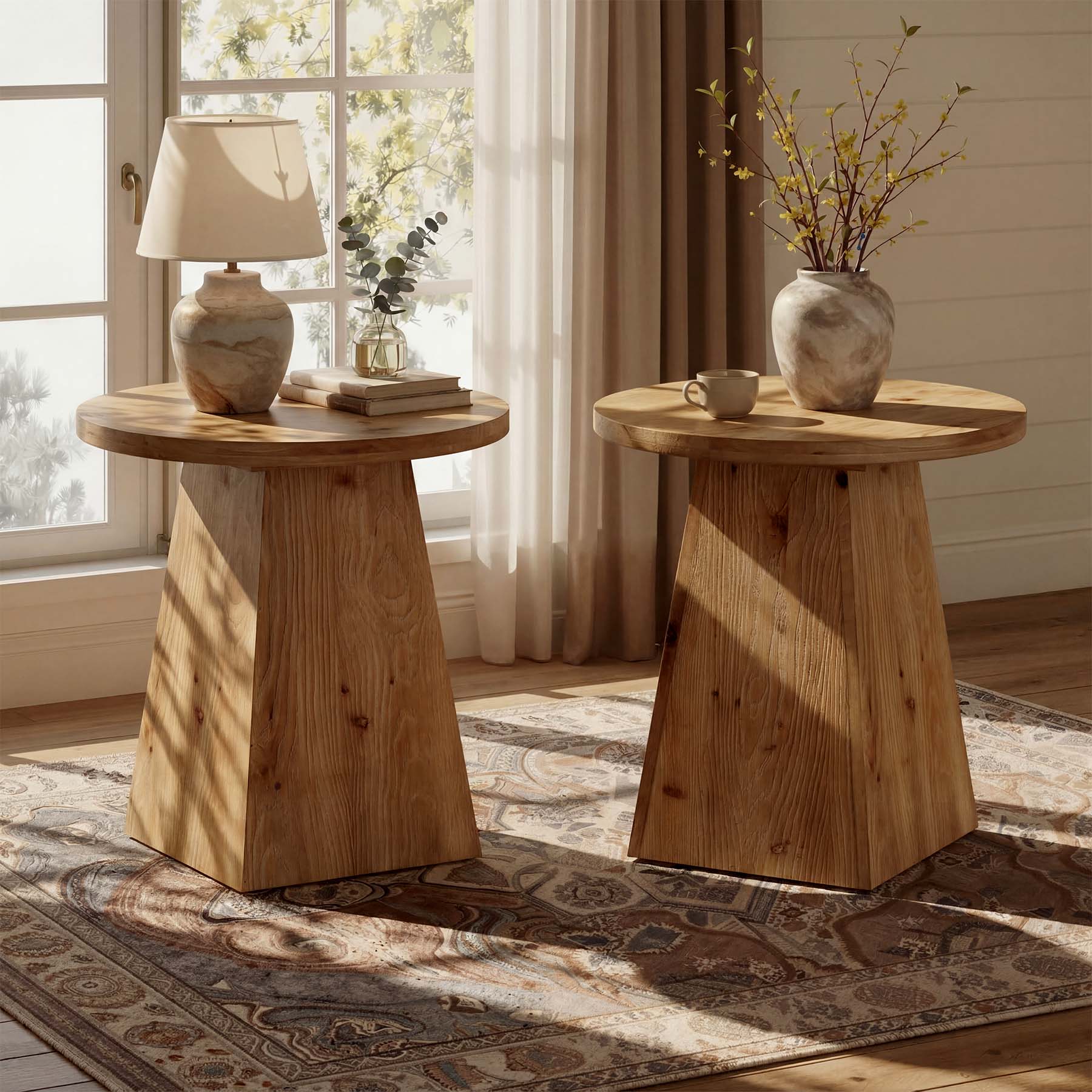 Tribesigns 18.9-Inch Round Solid Wood End Table with Trapezoid Base - Image 6