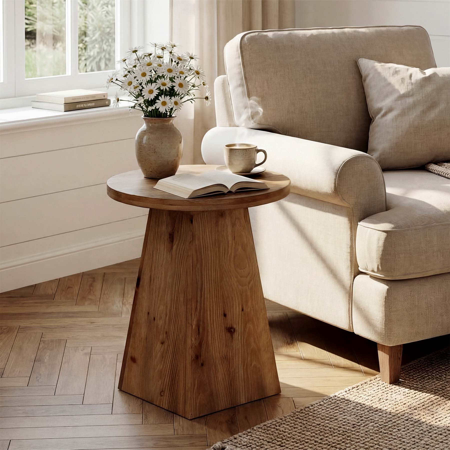 Tribesigns 18.9-Inch Round Solid Wood End Table with Trapezoid Base - Image 9