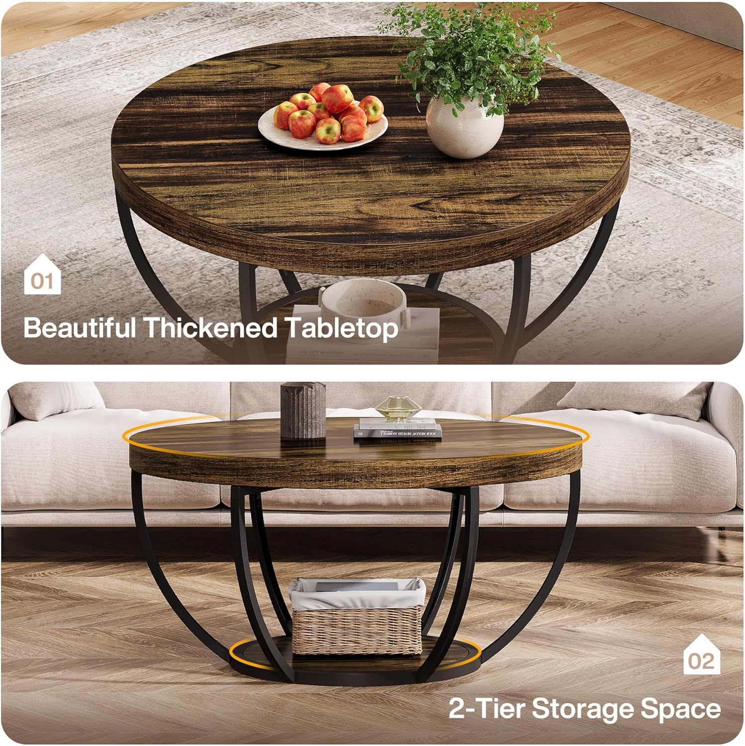 Round Wooden Coffee Table with 2-Tier Shelves - Image 10
