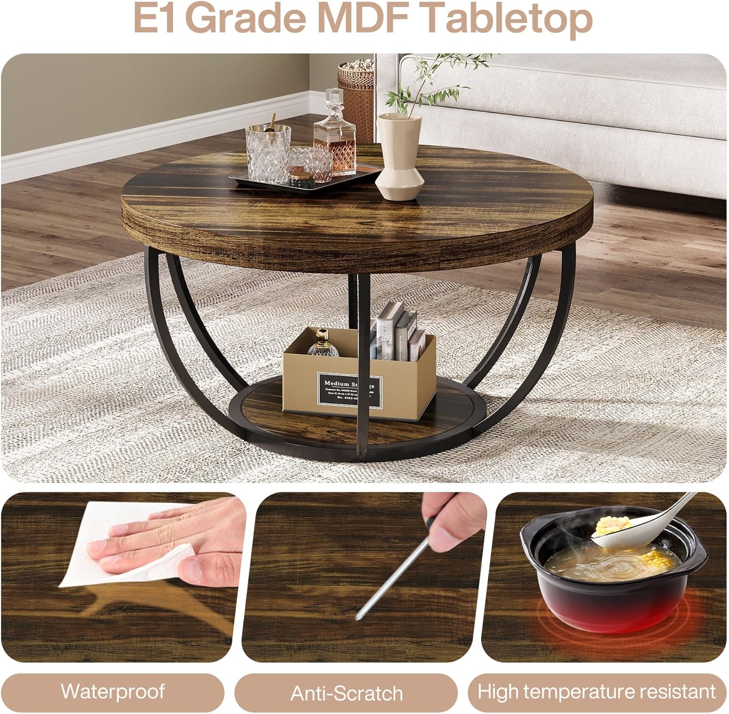 Round Wooden Coffee Table with 2-Tier Shelves - Image 11