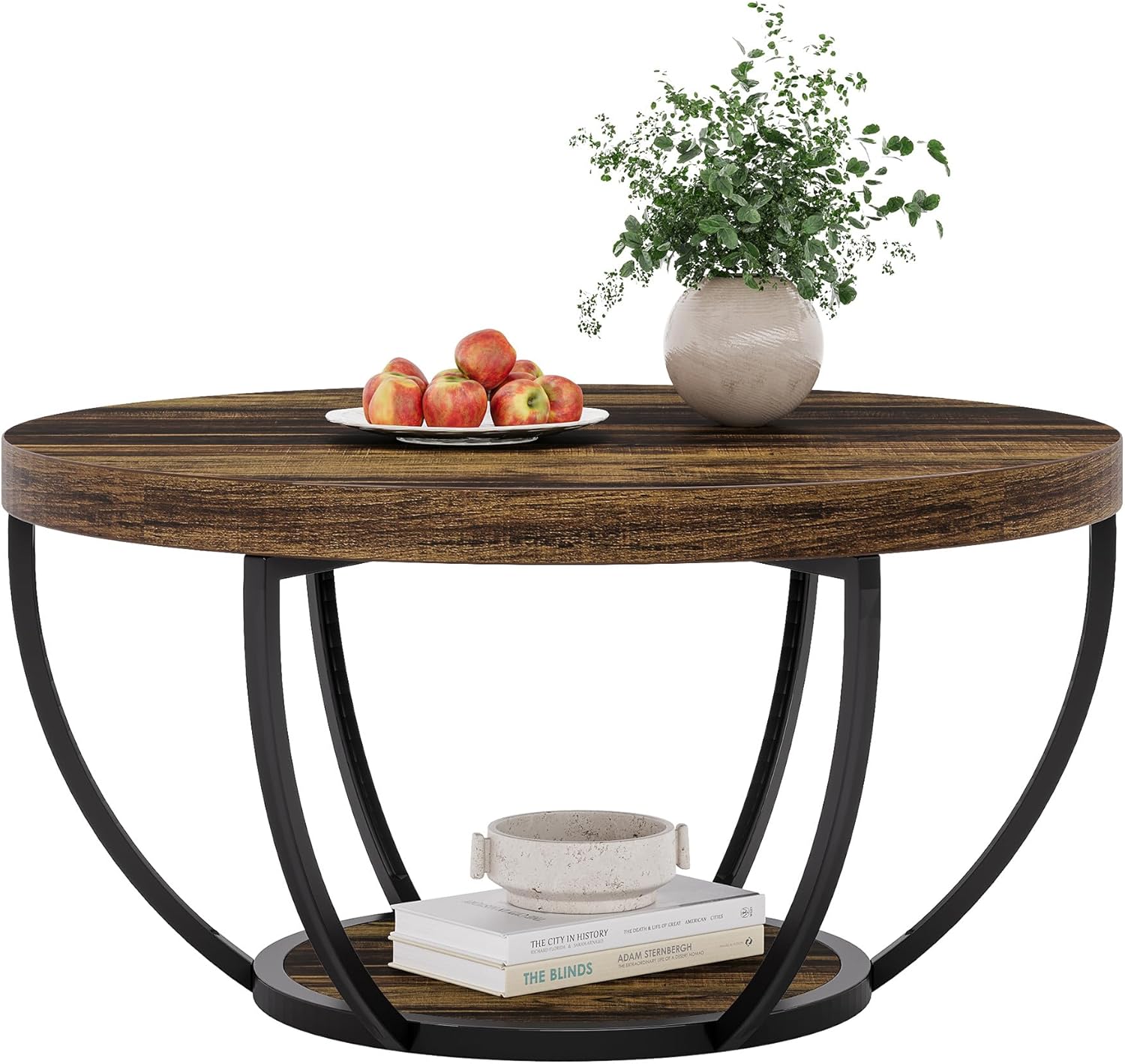 Round Wooden Coffee Table with 2-Tier Shelves - Image 12