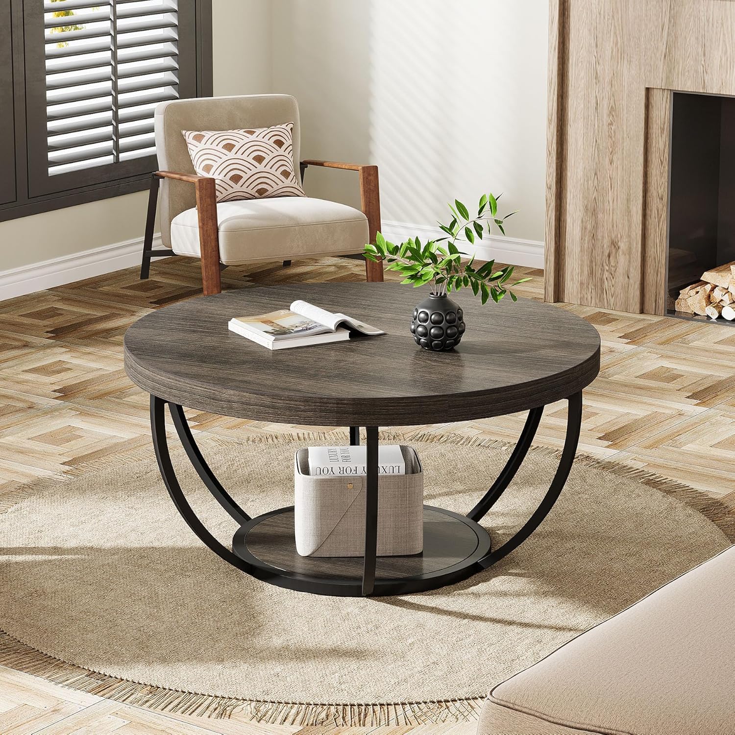 Round Wooden Coffee Table with 2-Tier Shelves - Image 13