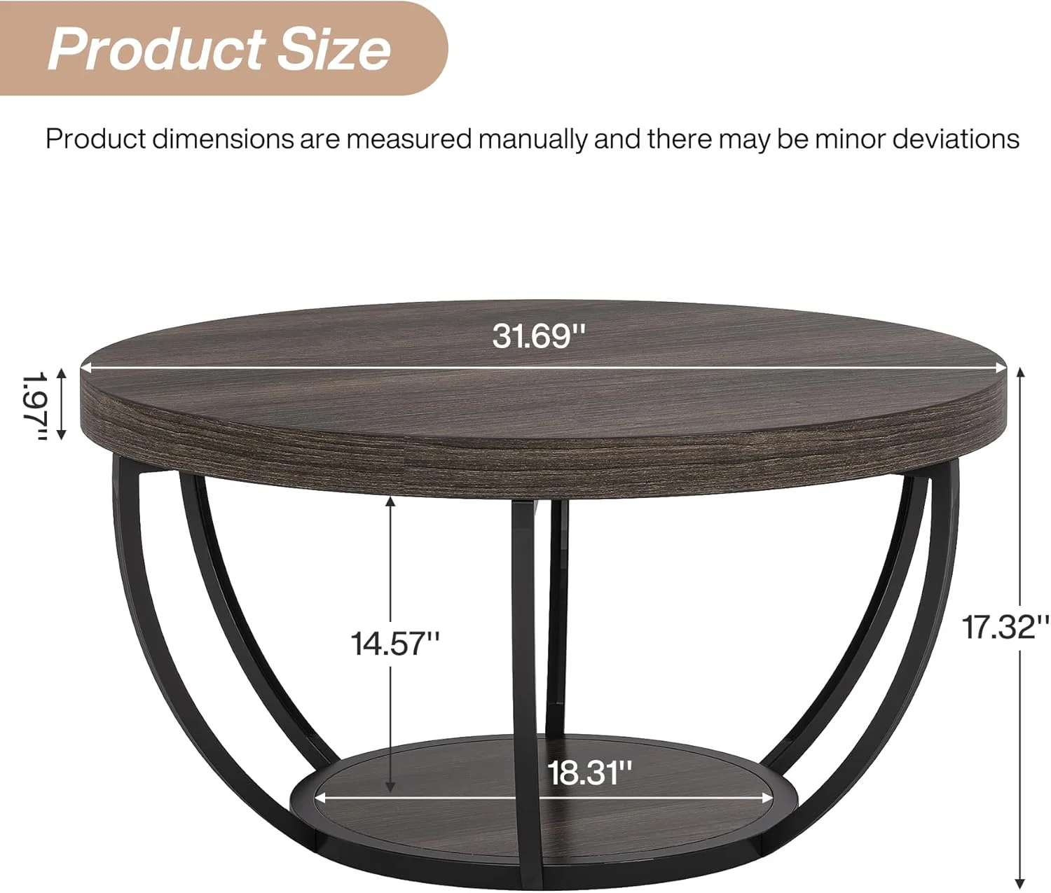Round Wooden Coffee Table with 2-Tier Shelves - Image 14