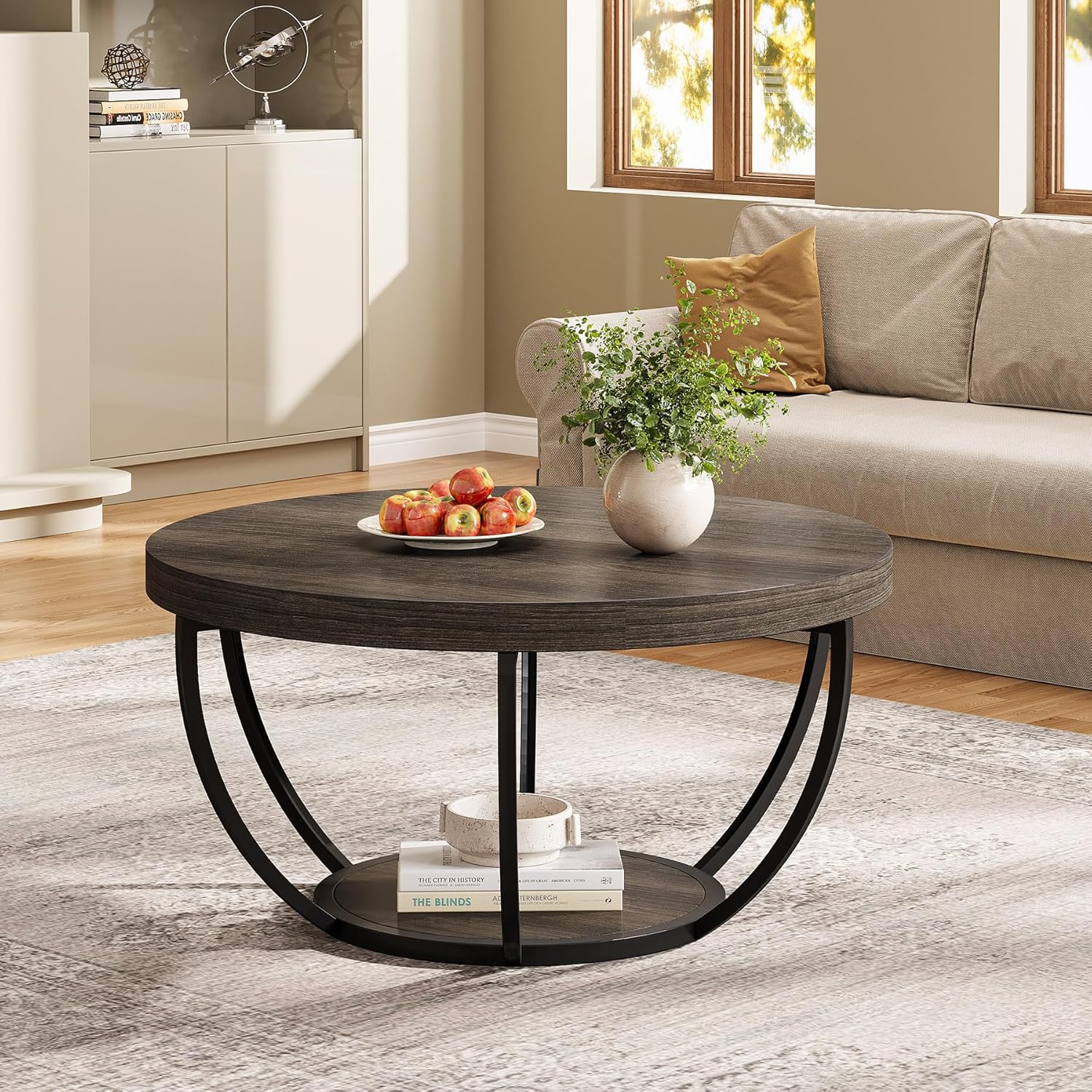 Round Wooden Coffee Table with 2-Tier Shelves - Image 15