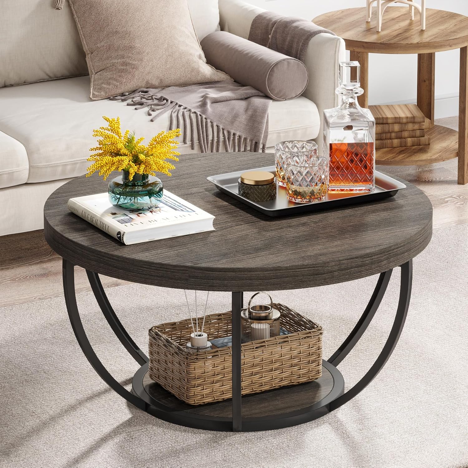 Round Wooden Coffee Table with 2-Tier Shelves - Image 16