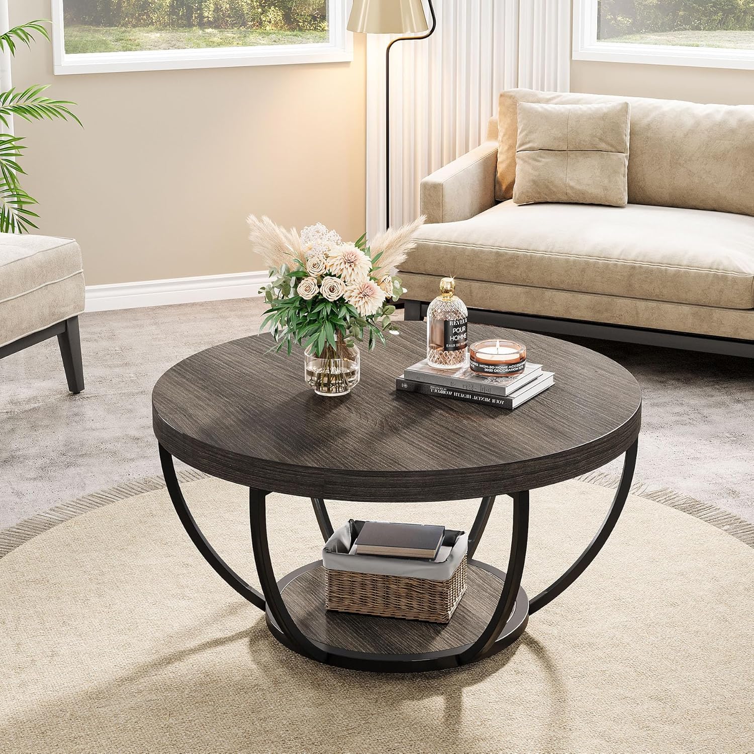 Round Wooden Coffee Table with 2-Tier Shelves - Image 18