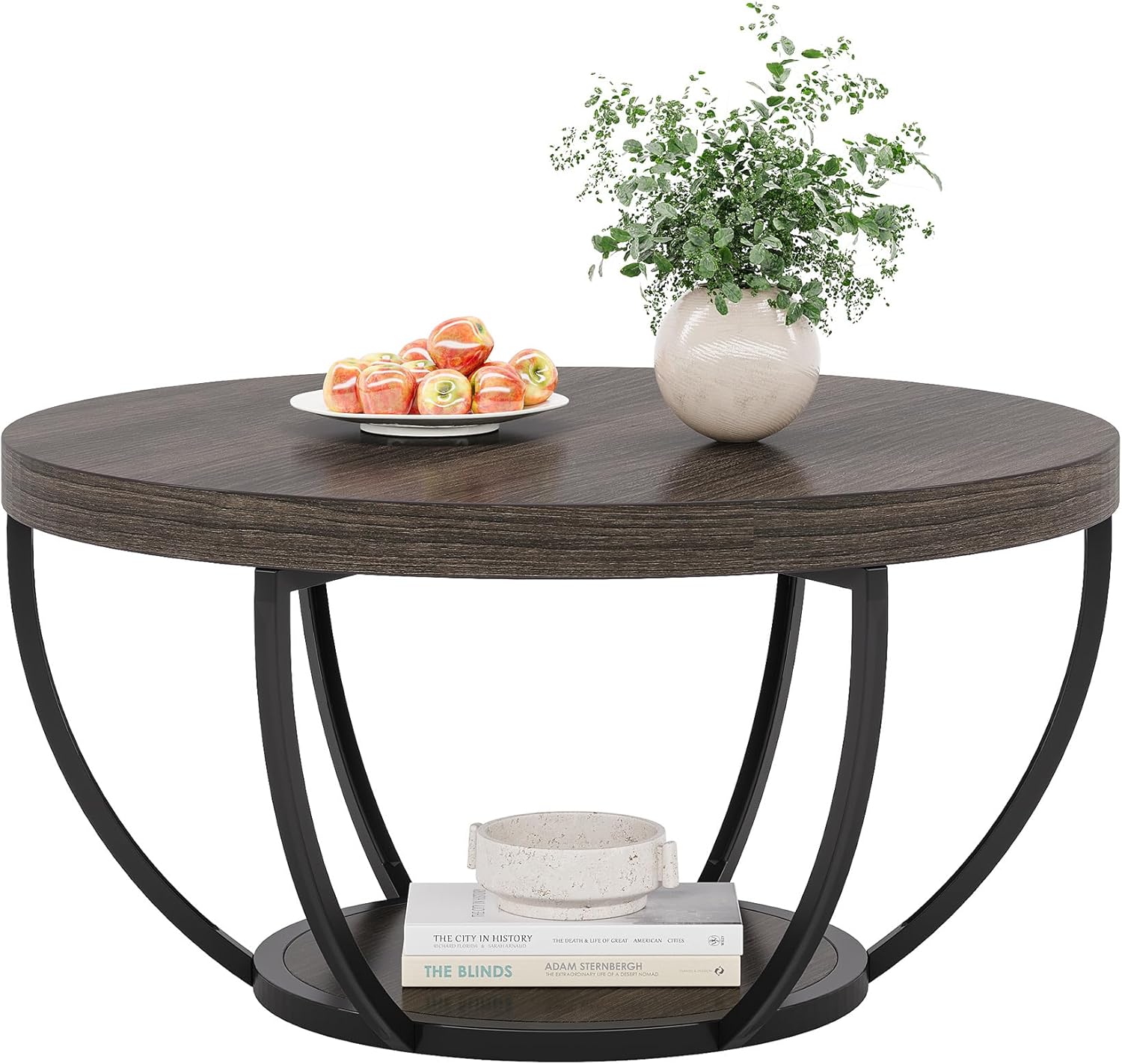 Round Wooden Coffee Table with 2-Tier Shelves - Image 19