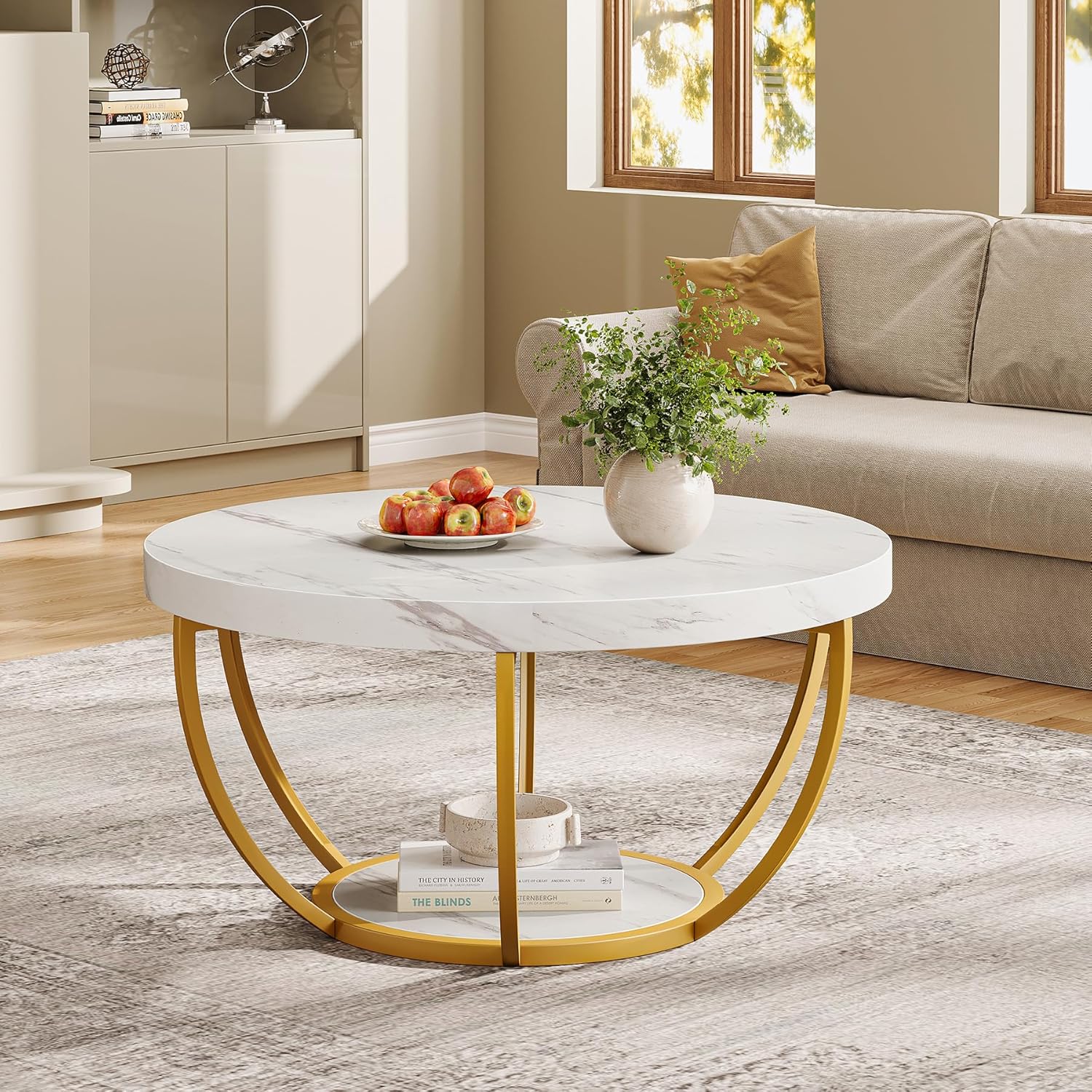 Round Wooden Coffee Table with 2-Tier Shelves - Image 20