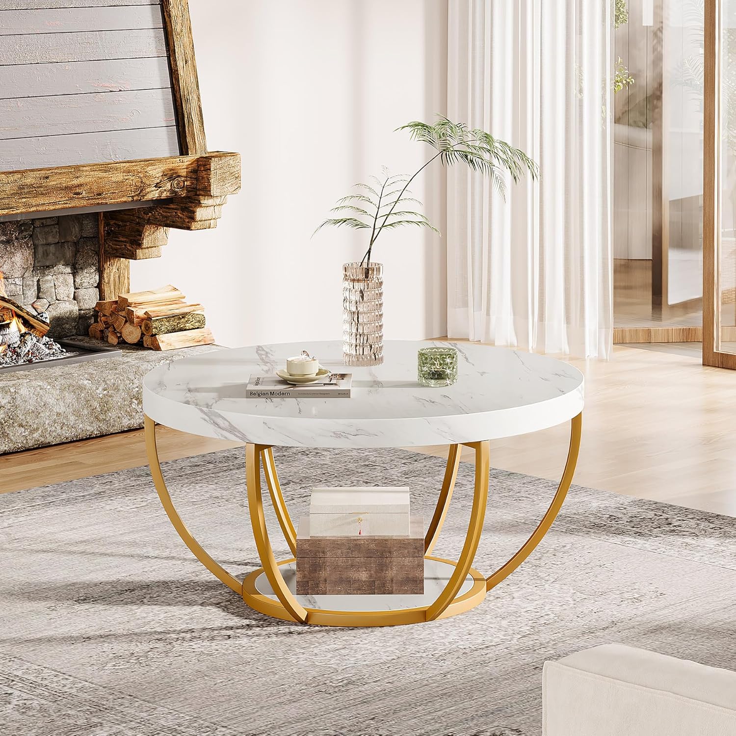 Round Wooden Coffee Table with 2-Tier Shelves - Image 22