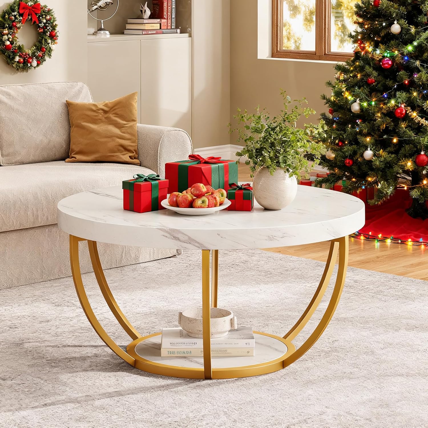 Round Wooden Coffee Table with 2-Tier Shelves - Image 23