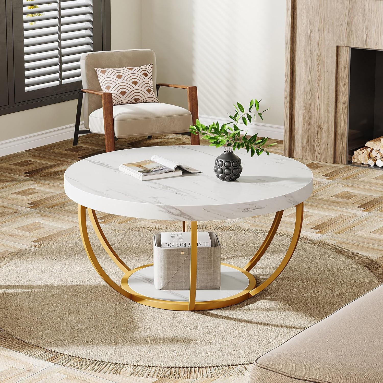 Round Wooden Coffee Table with 2-Tier Shelves - Image 24