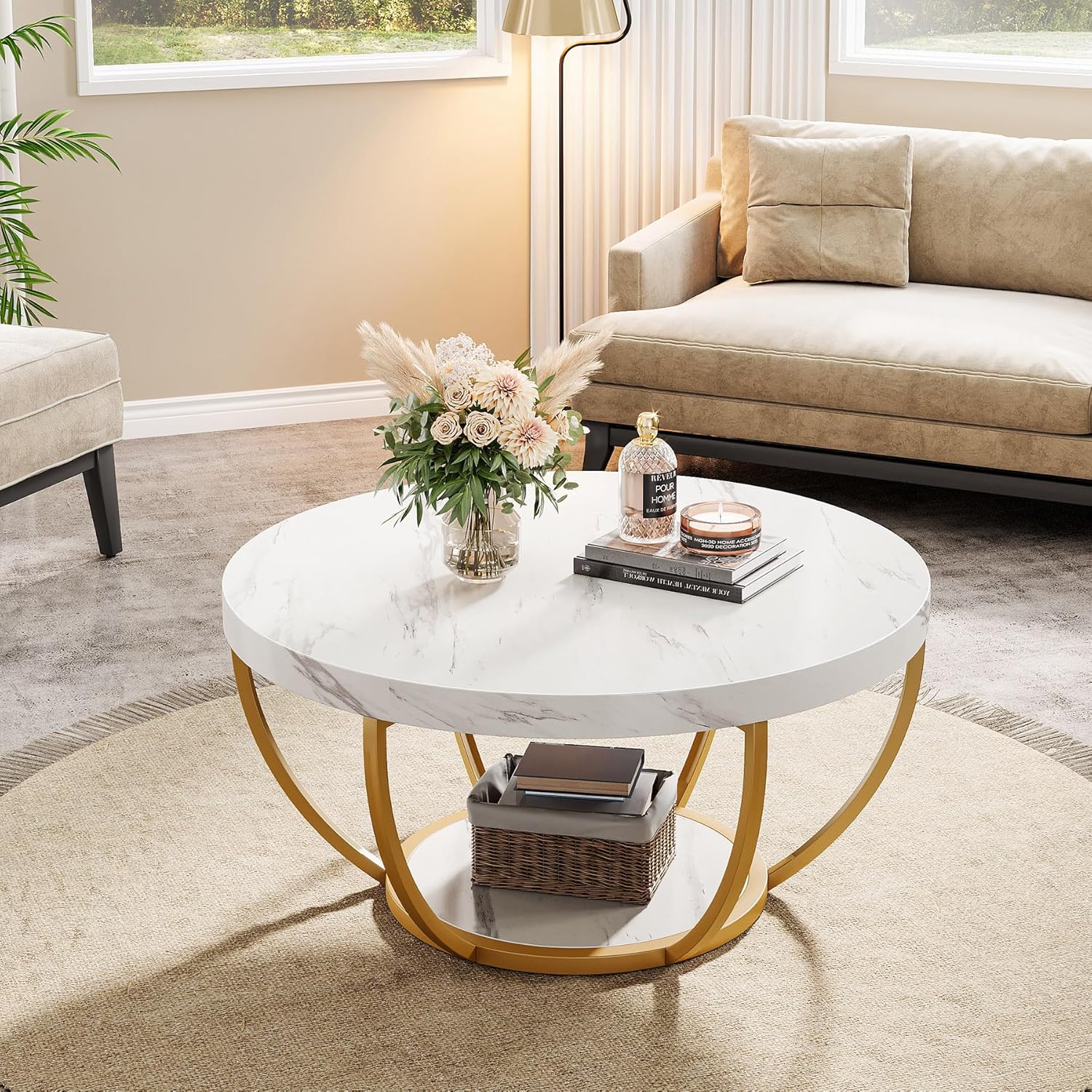 Round Wooden Coffee Table with 2-Tier Shelves - Image 25