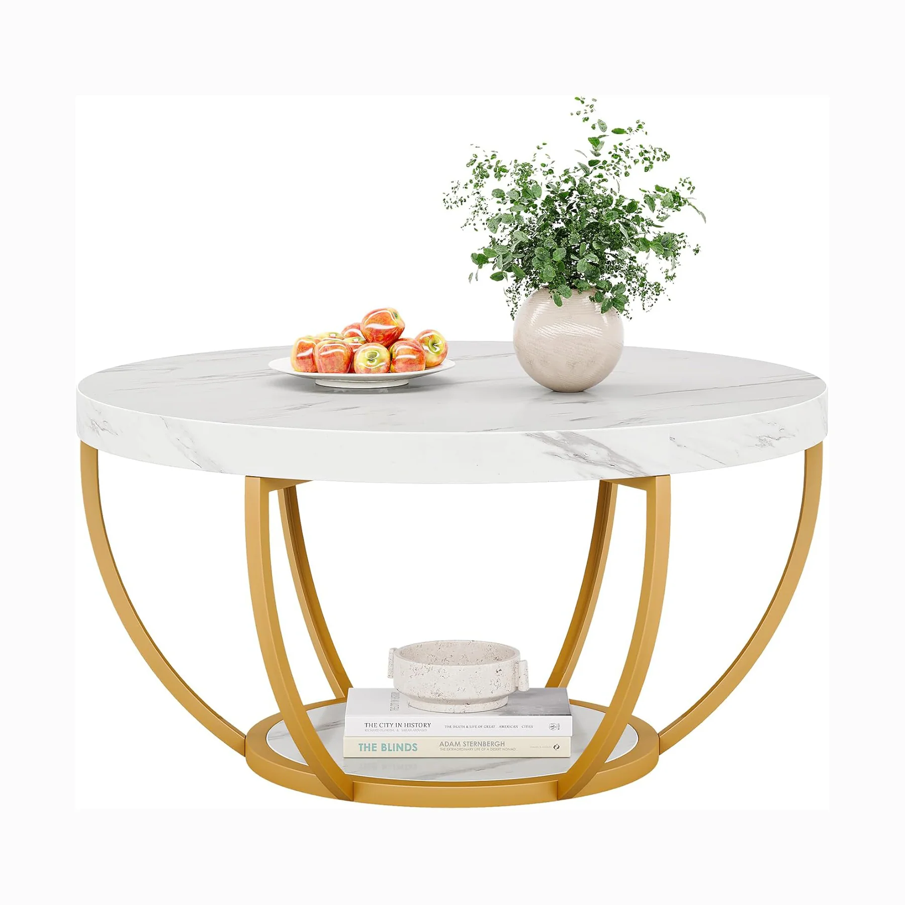 Round Wooden Coffee Table with 2-Tier Shelves - Image 26