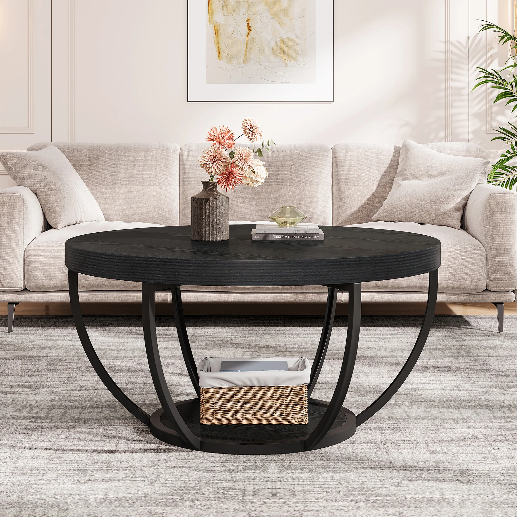Round Wooden Coffee Table with 2-Tier Shelves - Image 27