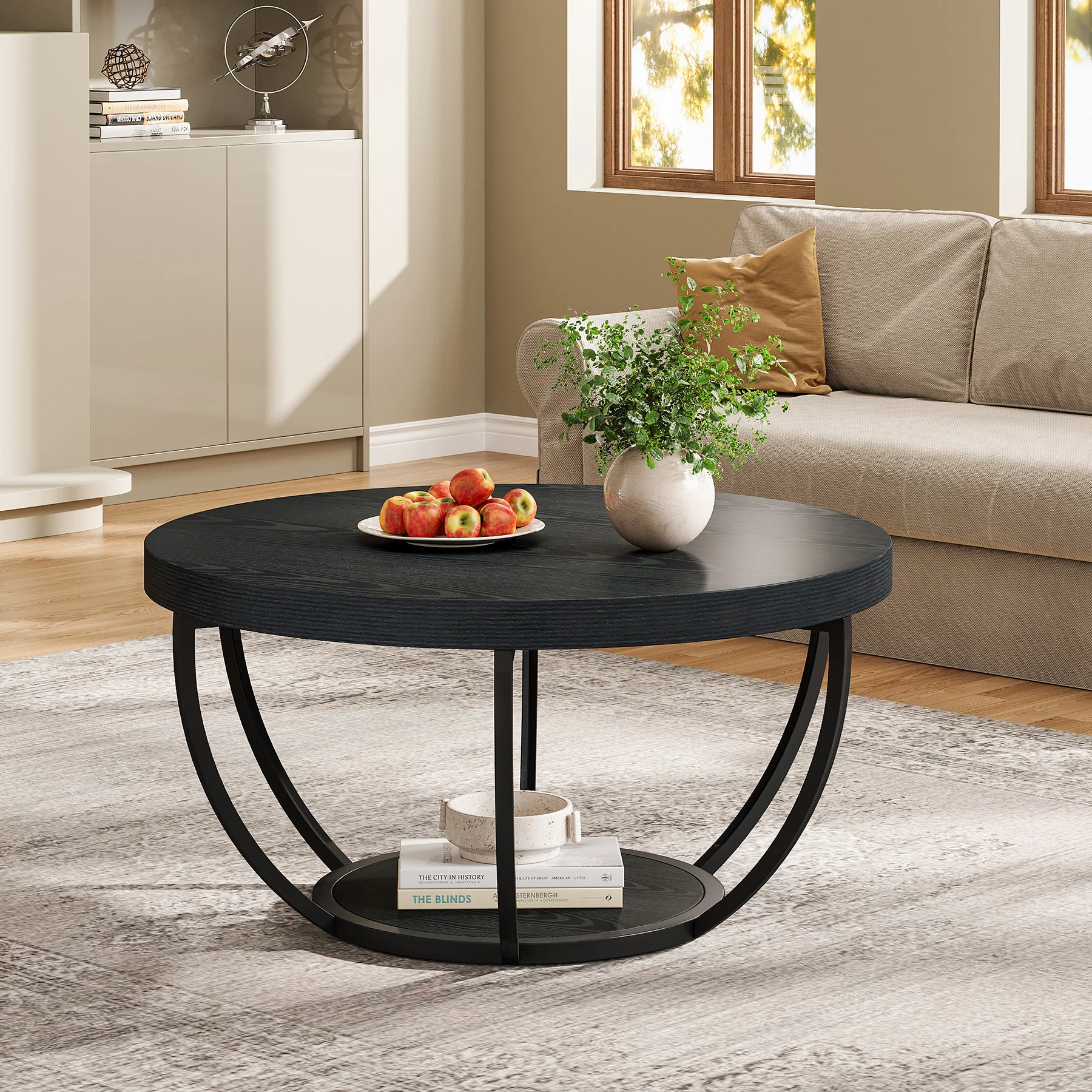 Round Wooden Coffee Table with 2-Tier Shelves - Image 29