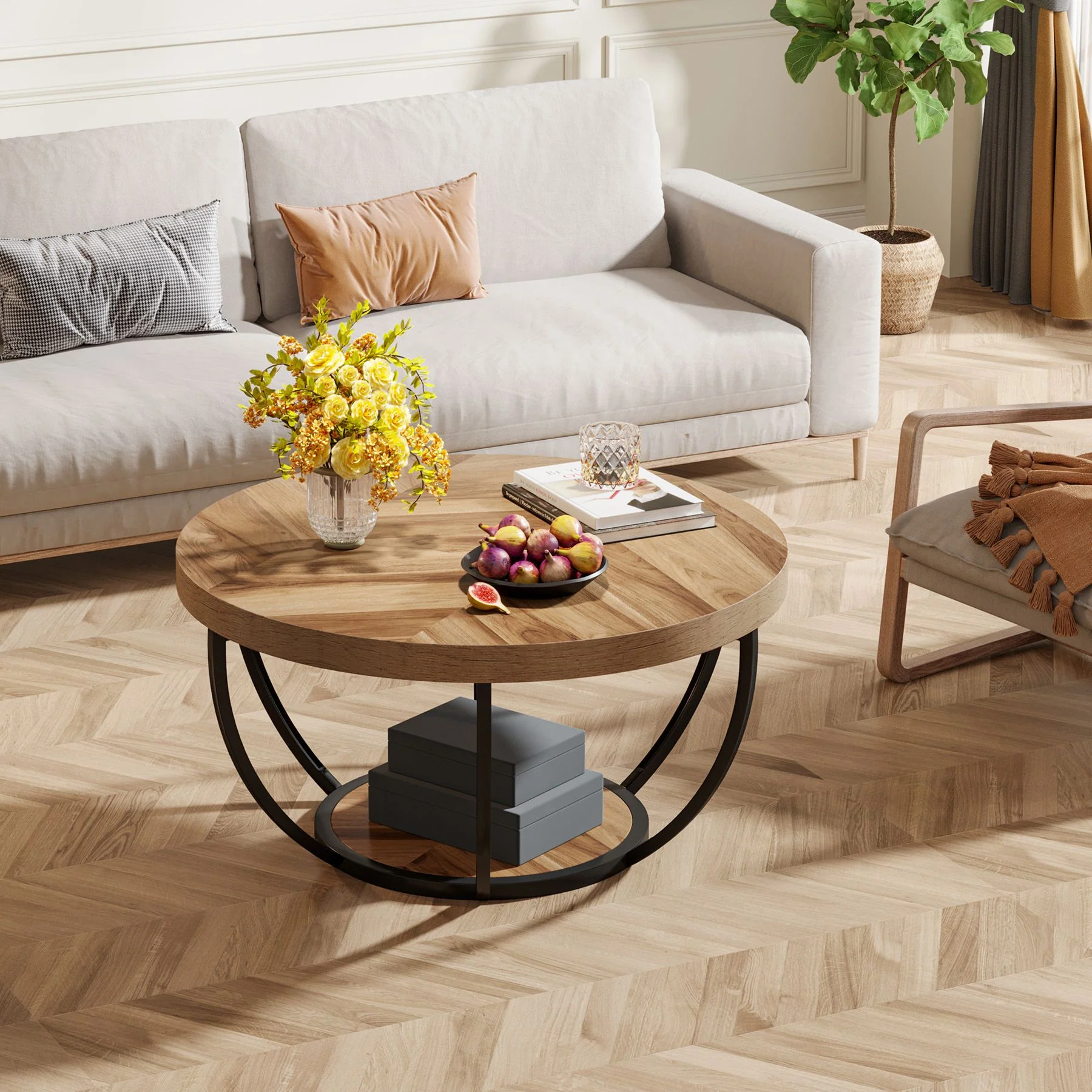 Round Wooden Coffee Table with 2-Tier Shelves - Image 3
