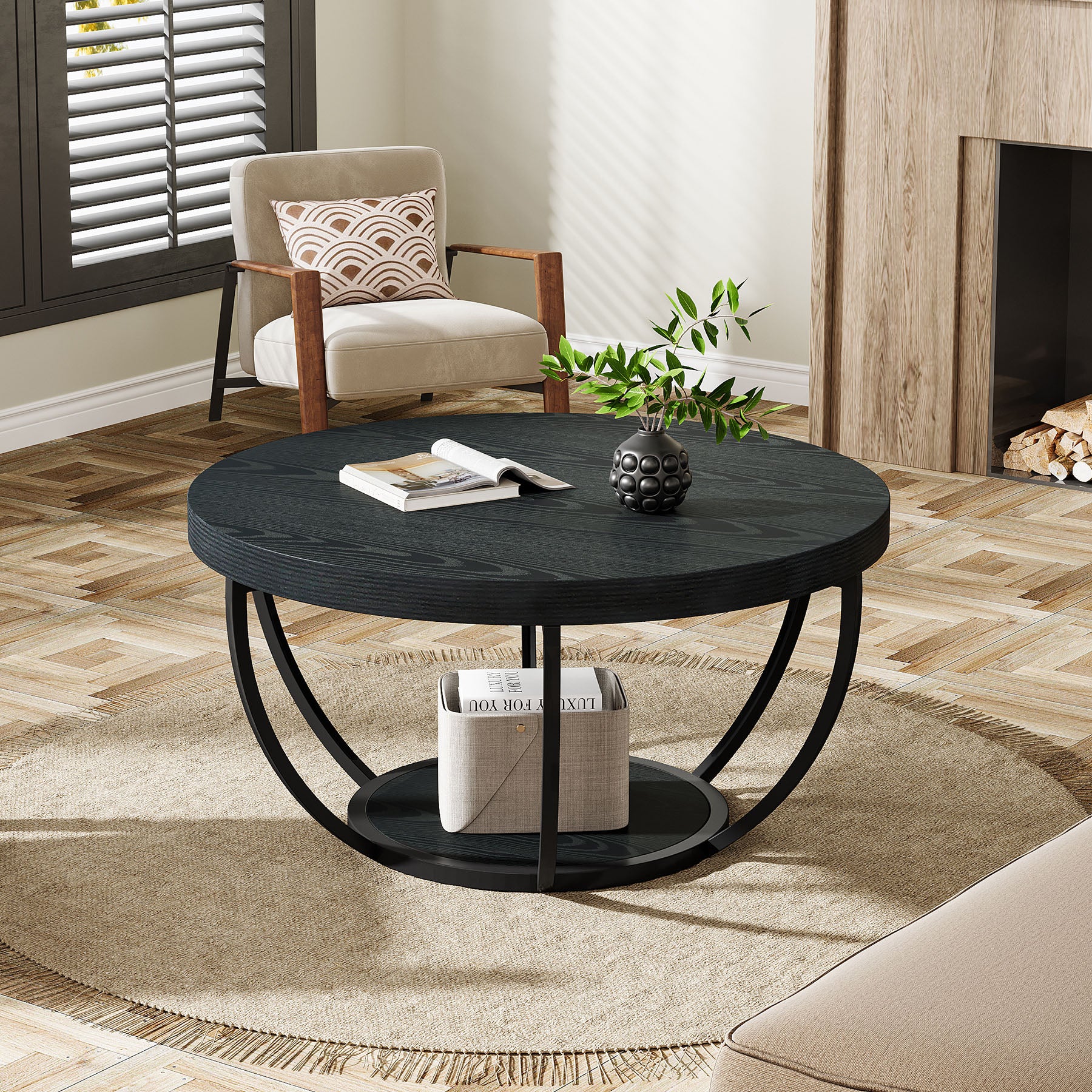 Round Wooden Coffee Table with 2-Tier Shelves - Image 30