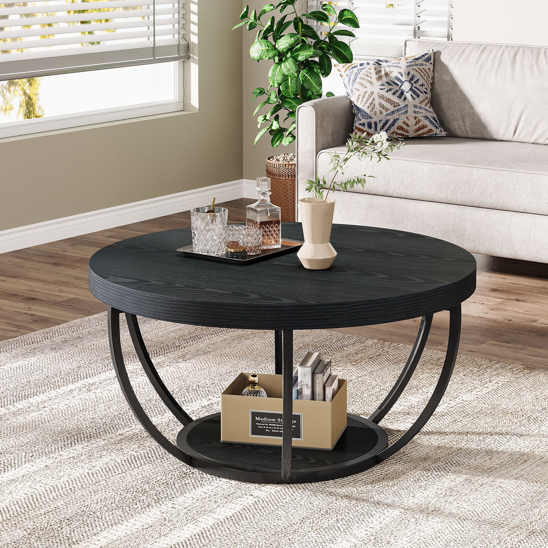 Round Wooden Coffee Table with 2-Tier Shelves - Image 31