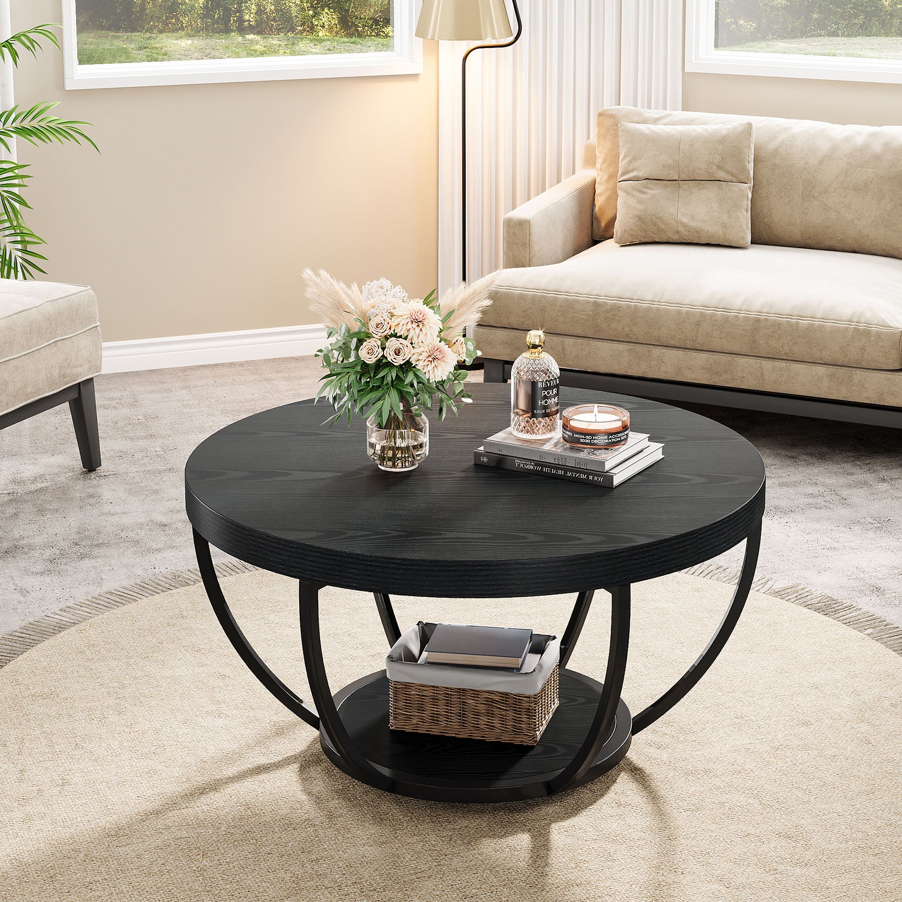 Round Wooden Coffee Table with 2-Tier Shelves - Image 32