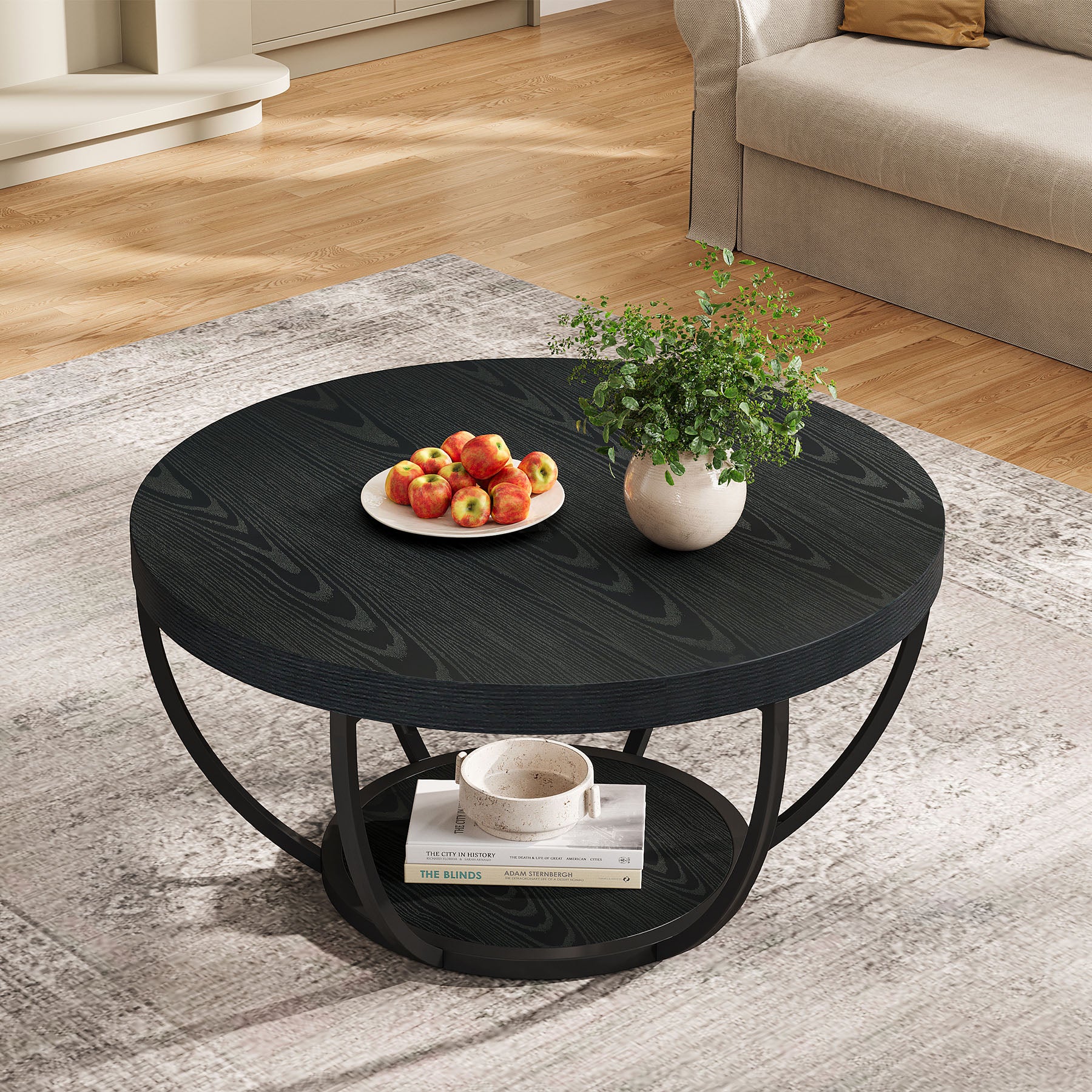 Round Wooden Coffee Table with 2-Tier Shelves - Image 33